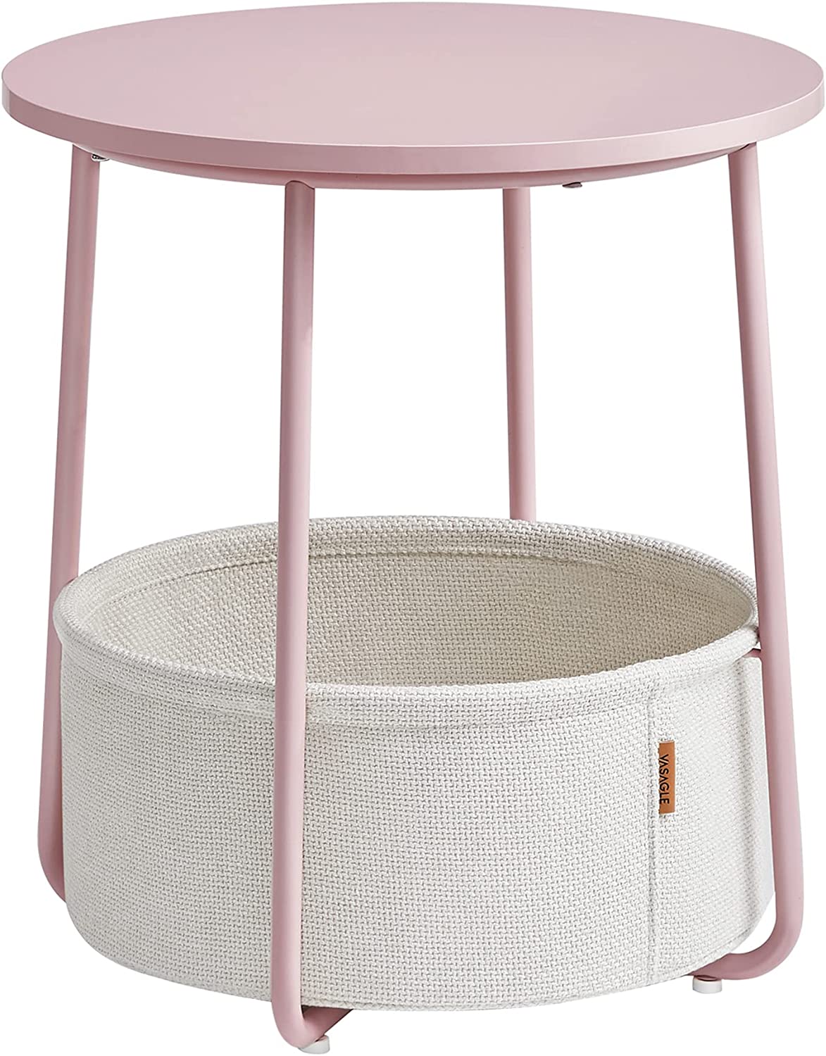 VASAGLE sidebord, rund, m. 1 stofkurv - hvid polyester og pastel pink spånplade/stål (Ø45)
