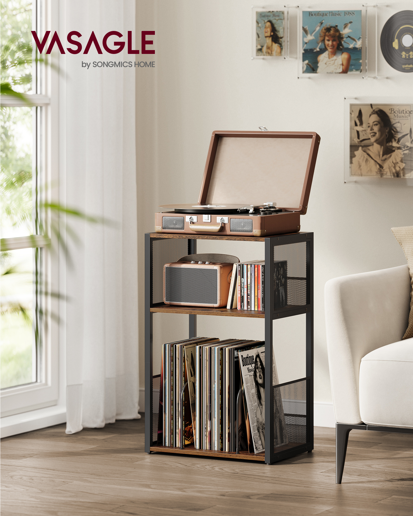 VASAGLE Pladespillerstativ, 3-lags sidebord, vinylpladeopbevaring op til 100 albums, sidebord til stue, soveværelse, rustik brun LET275K01
