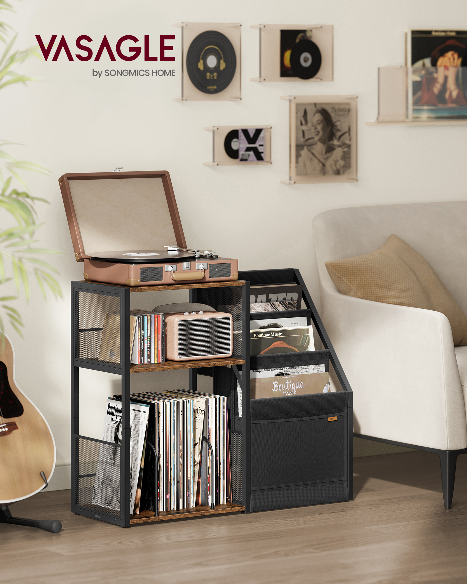 VASAGLE Pladespillerstativ, 3-lags sidebord, vinylpladeopbevaring op til 140 albums, sidebord til stue, soveværelse, rustik brun LET276K01