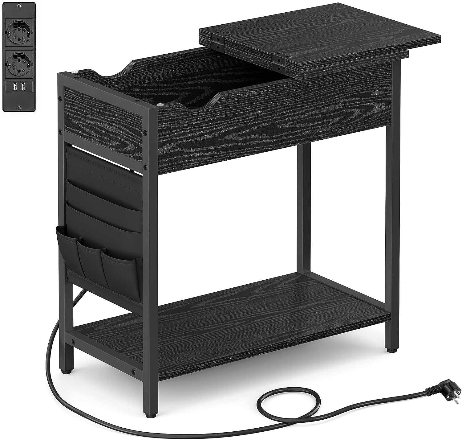 VASAGLE sidebord, m. strømstik, USB-porte, 1 hylde, opbevaring - sort spånplade/stål (60x31,5)