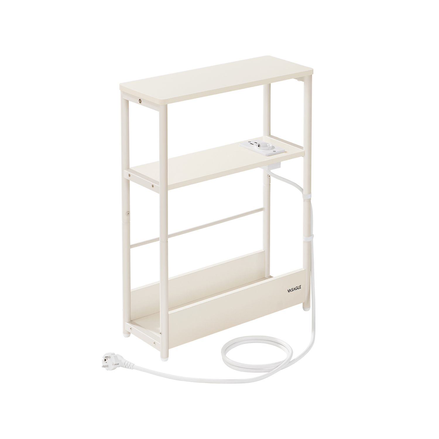 VASAGLE Slim sidebord med strømskinne, 3-niveau sengebord, sidebord, til små rum, magasinhylde, stue, soveværelse, kontor, cremehvid LET335W02