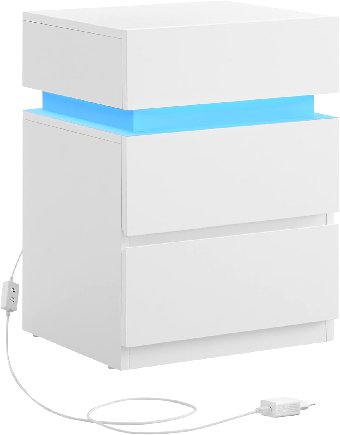 VASAGLE Sengebord, med justerbar flerfarvet LED-strip, 3 skuffer, moderne sidebord, 35 x 40 x 55 cm, hvid LET630T10