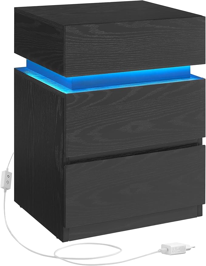 Vasagle LET630T56 Nattduksbord med LED-belysning, Sidobord, Nattdukssk&aring;p, Soffbord, Justerbara f&auml;rger, 3 l&aring;dor, Sovrum, Modern, 35 x 40 x 55 cm, Svart med tr&auml;struktur