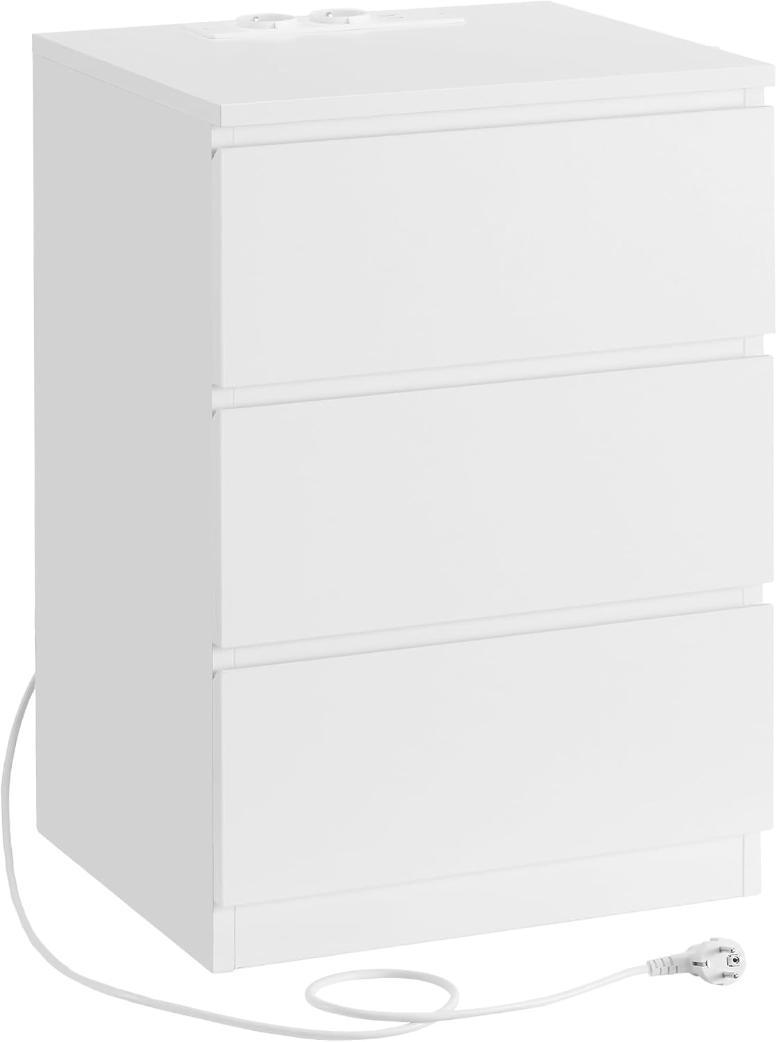 VASAGLE LET631W14 Nattduksbord, Sidobord, 3 lådor, Fasad kant, 2 AC-uttag, 2 USB-portar, Vardagsrum, Sovrum, Arbetsrum, Modern, Molnvit