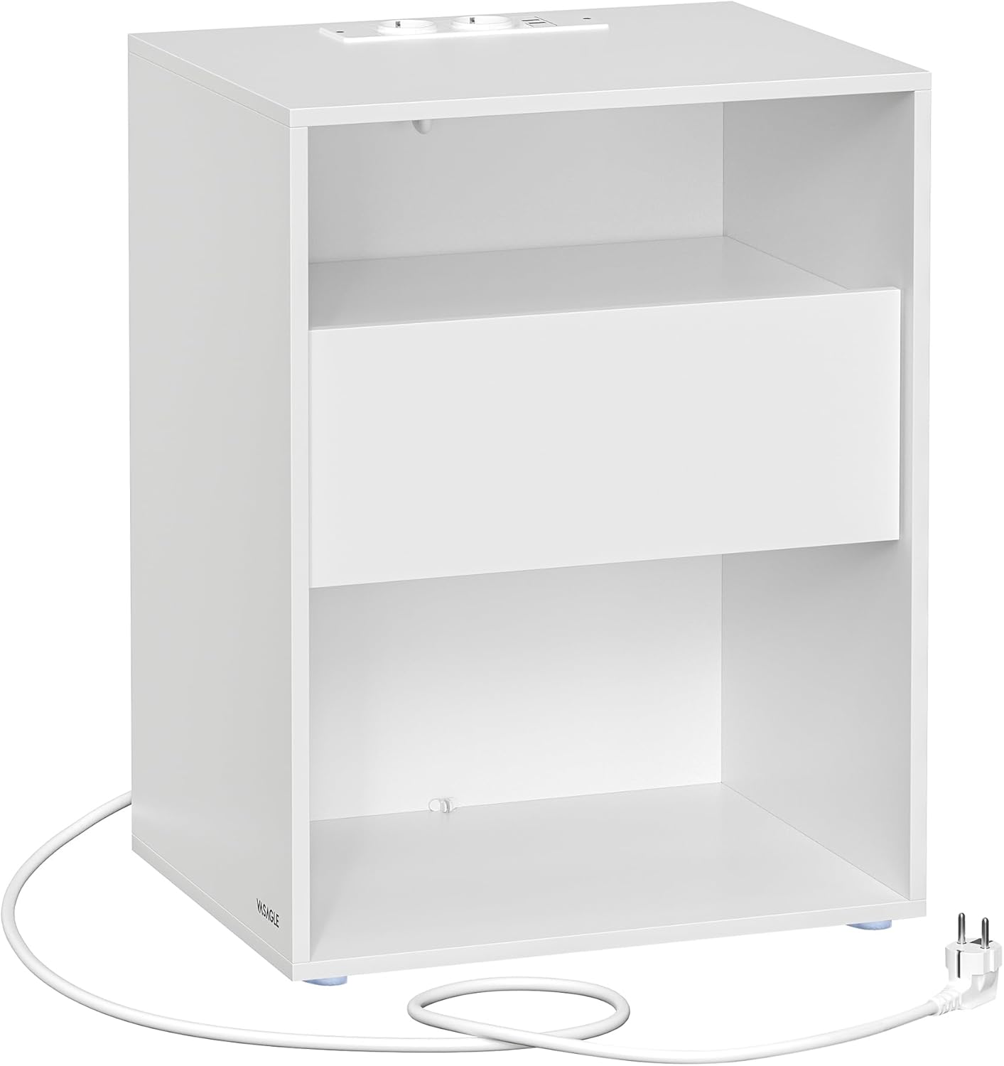 VASAGLE LET777W04 sengebord, m. 2 åbne rum, 1 skuffe, strømskinne - mat hvid spånplade (45x35)