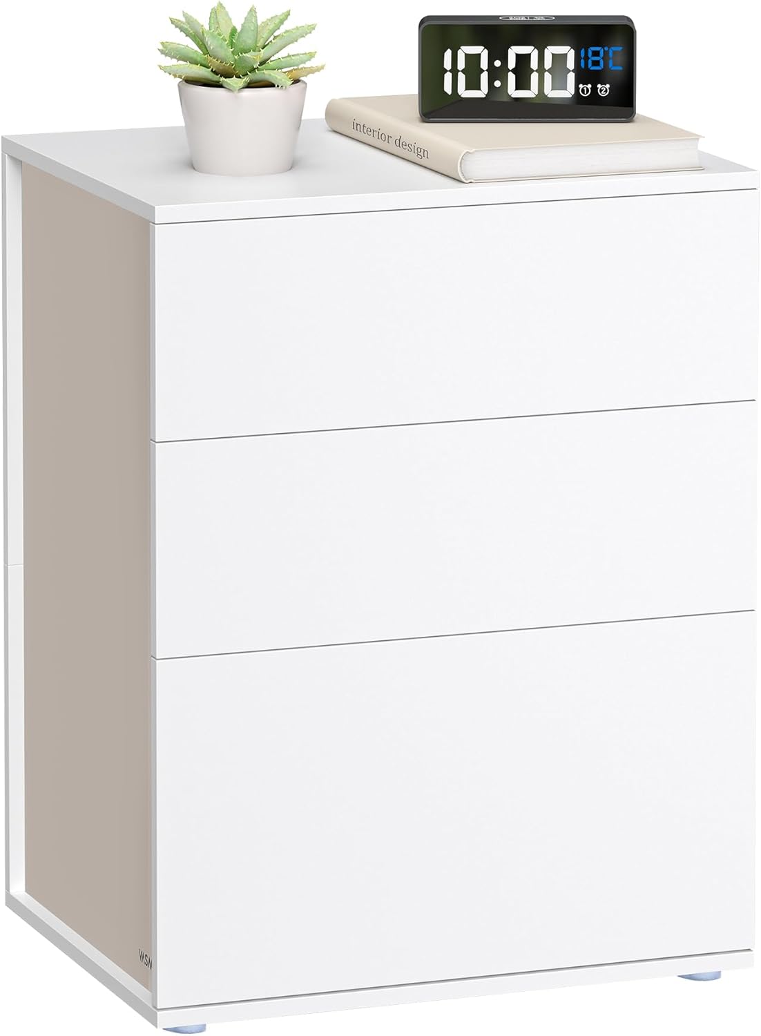 VASAGLE Superhurtig værktøjsfri montering, sengebord, natbord med 3 opbevaringsskuffer, sidebord, moderne minimalistisk, soveværelse stue, mat hvid og cappuccino beige LET778W01