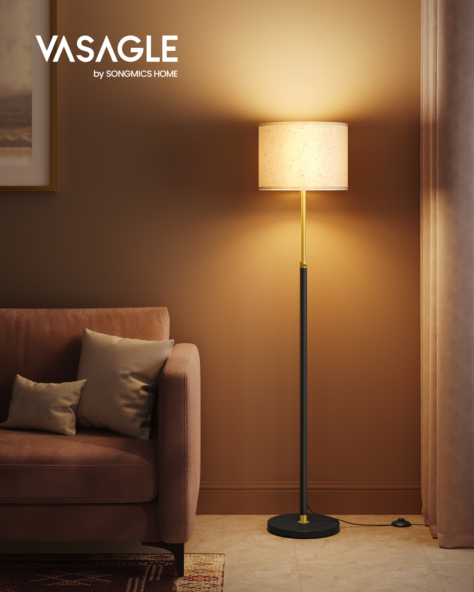 VASAGLE Golvlampa, Justerbar Höjd från 140 till 170 cm, Modern Stil, Fotpedal, Tygskärm, E27 Sockel, Guld och Svart LFL002B02 [Energiklass F]