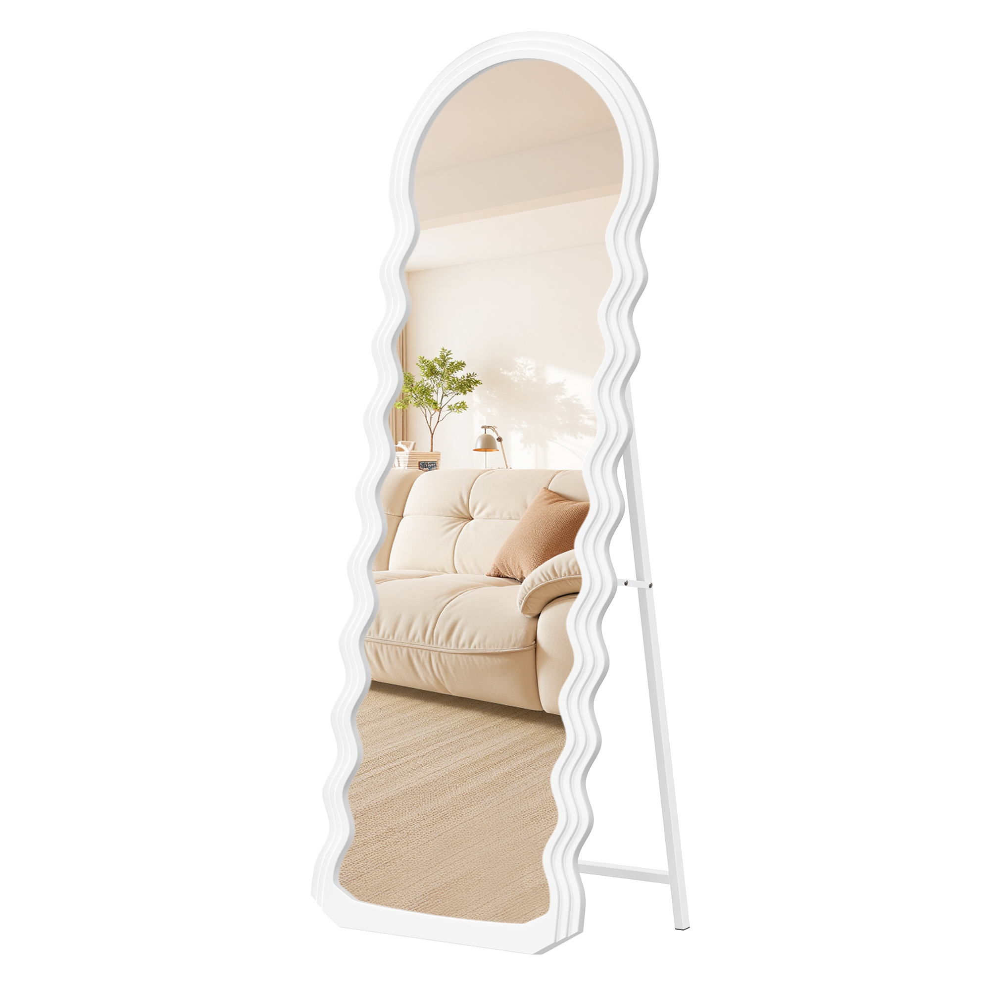 SONGMICS Helfigursspejl, 160 x 50 cm, Uregelmæssigt Bølget Helfigurs Gulvspejl med Stativ, Stående, MDF-ramme, Til Soveværelse, Stue, Entre, Cloud White LFM027W01