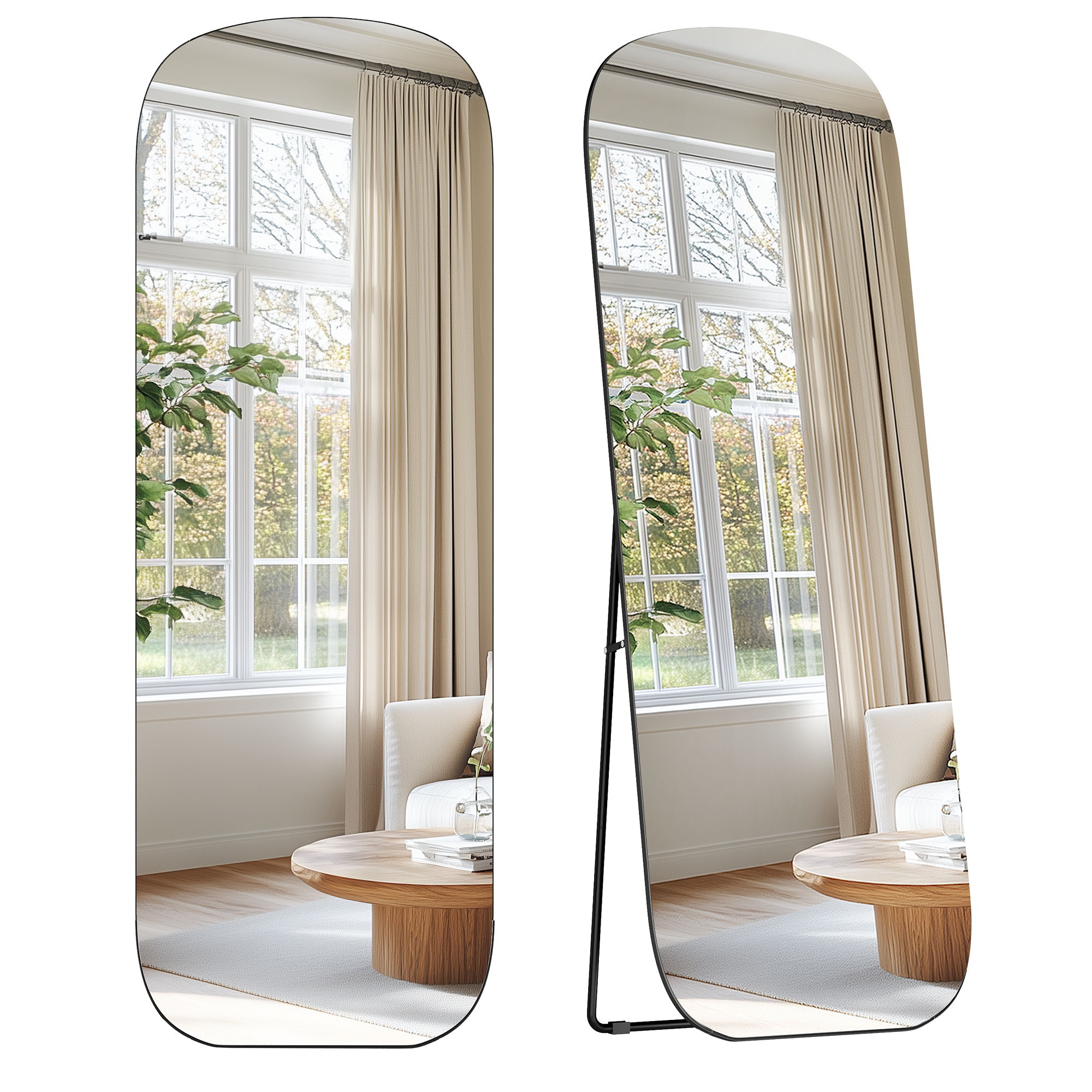 SONGMICS Helkroppsspegel, 160 x 50 cm, Rundad Rektangulär Helkroppsspegel med Stativ, Aluminiumram, Härdat Glas, För Sovrum, Omklädningsrum, Bläcksvart LFM029B01