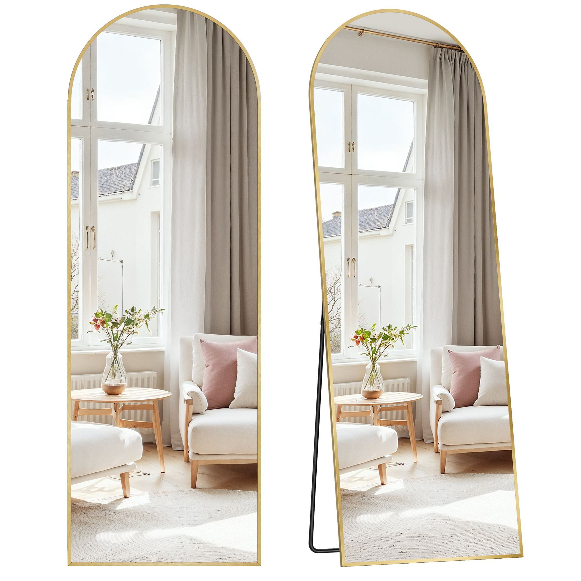 SONGMICS Helfigursspejl, 160 x 50 cm, Buet Helfigursspejl med Stativ, Ramme i Aluminiumlegering, Hærdet Glas, Til Soveværelse, Stue, Garderobe, Lys Guld LFM031A01