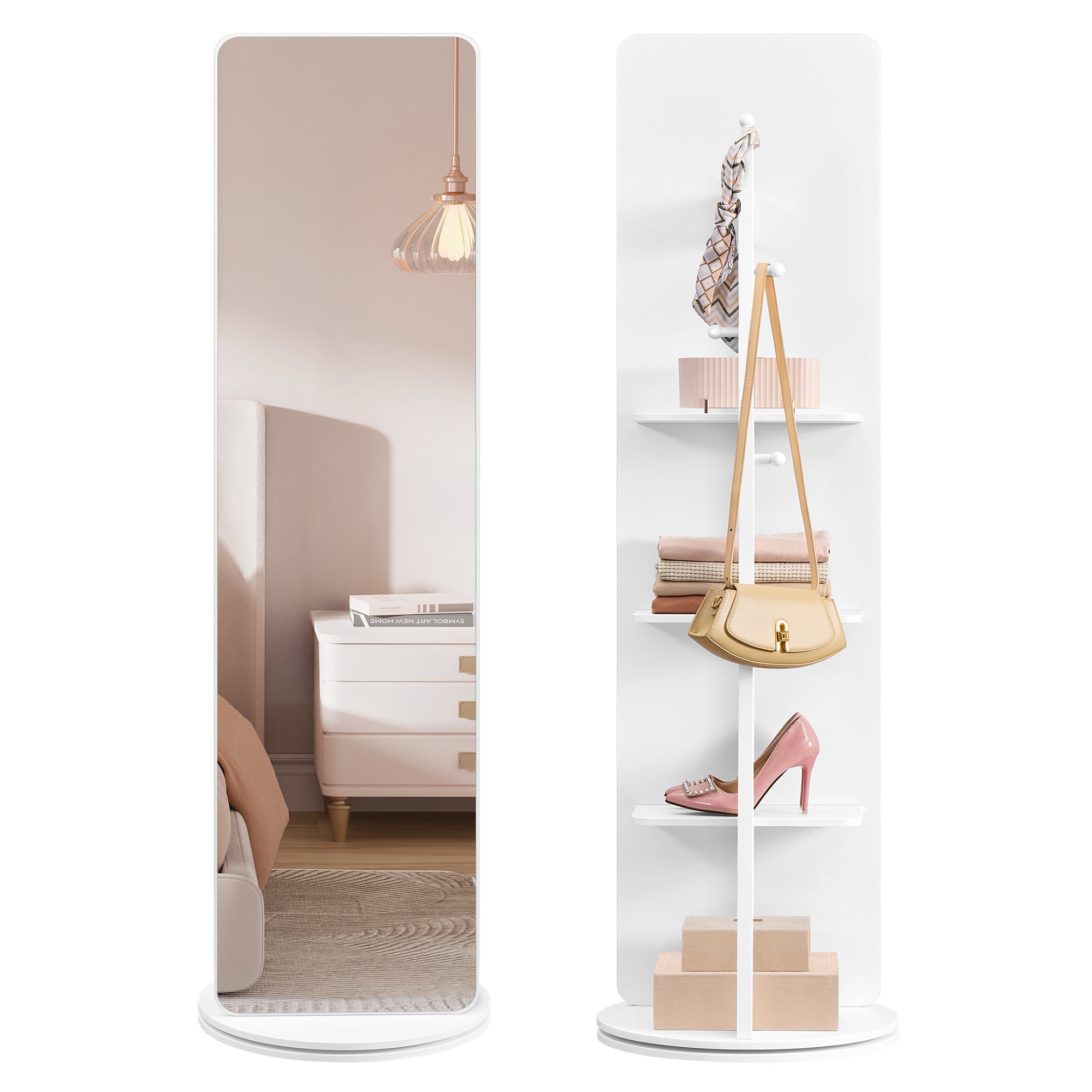 SONGMICS Helfigursspejl, Stående Helfigursspejl, 360 ° Drejeligt, 163 x 45 cm, Med Fod, Hylder og Kroge, Klar Hærdet Glas, Til Soveværelse, Stue, Cloud White LFM036W01