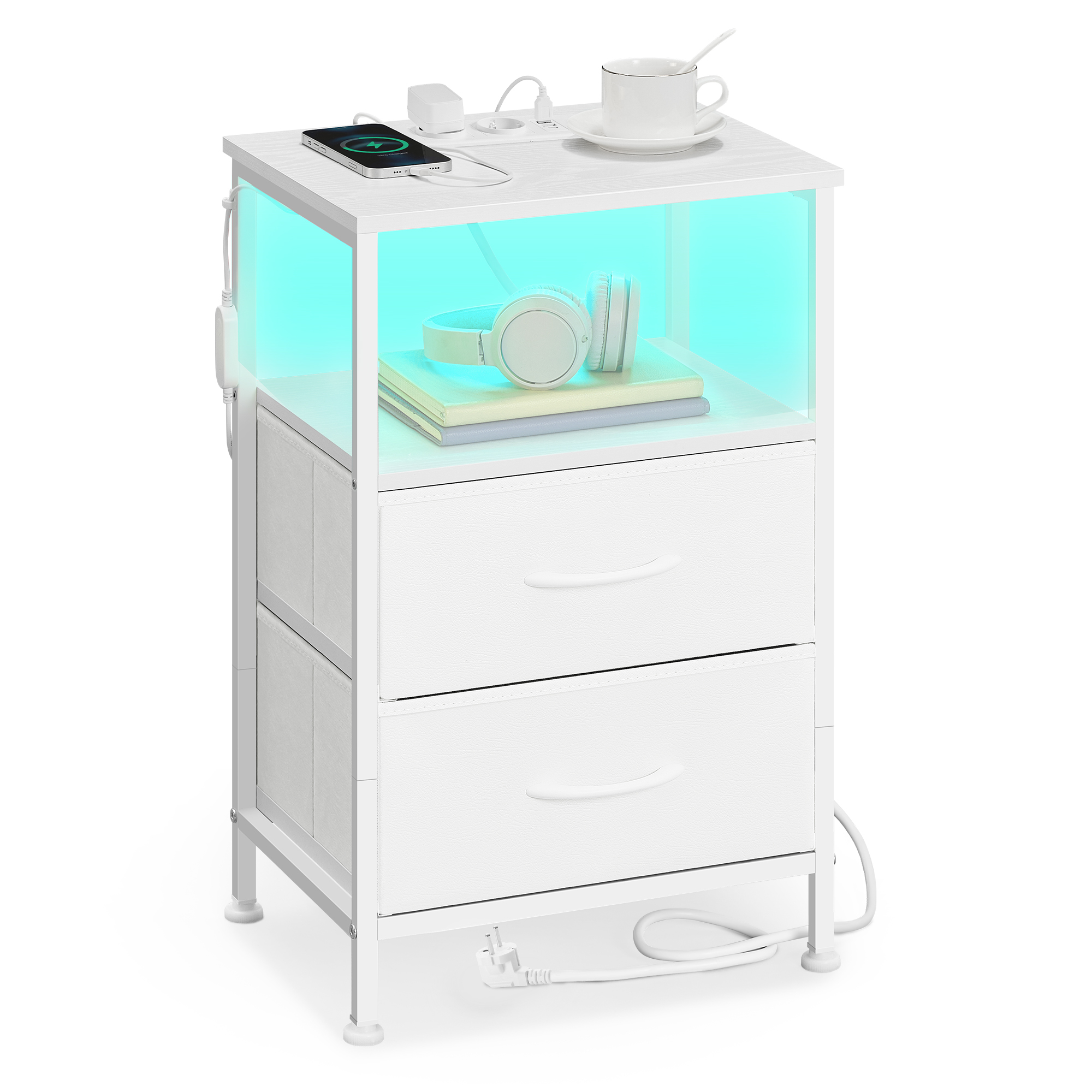 SONGMICS BELLAH Collection LGS302WH03 Natbord med ladestation, Sidebord med app-styring, Justerbar LED-belysning, 1 åbent rum, 2 skuffer, Cloud White/Snehvid