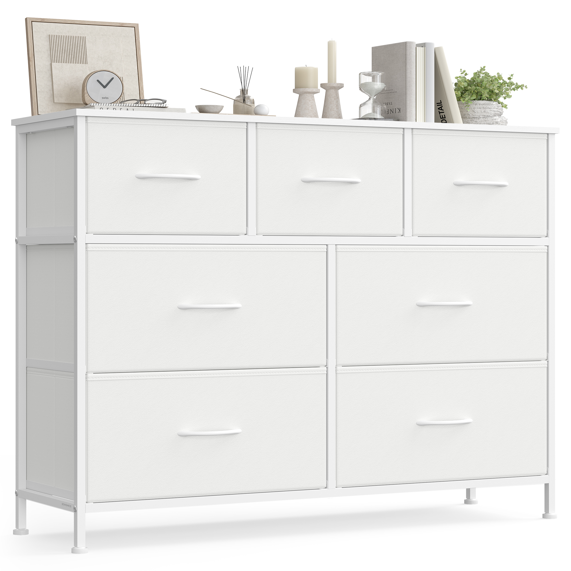 SONGMICS BELLAH Kollektion - Kommode, Opbevaringsmøbel, Stål, Til Soveværelse, Skab, Entre, Stue, 7 Skuffer, Moderne, Cloud White og Snow White LGS323WH01