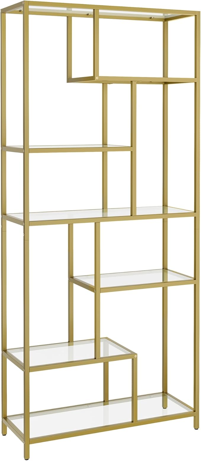 VASAGLE Bogreol, 6-etagers høj reol, plantestativ, udstillingshylde, 30 x 80 x 180 cm, hærdet glas, til arbejdsværelse, kontor, stue, soveværelse, køkken, metallisk guld LGT502A01