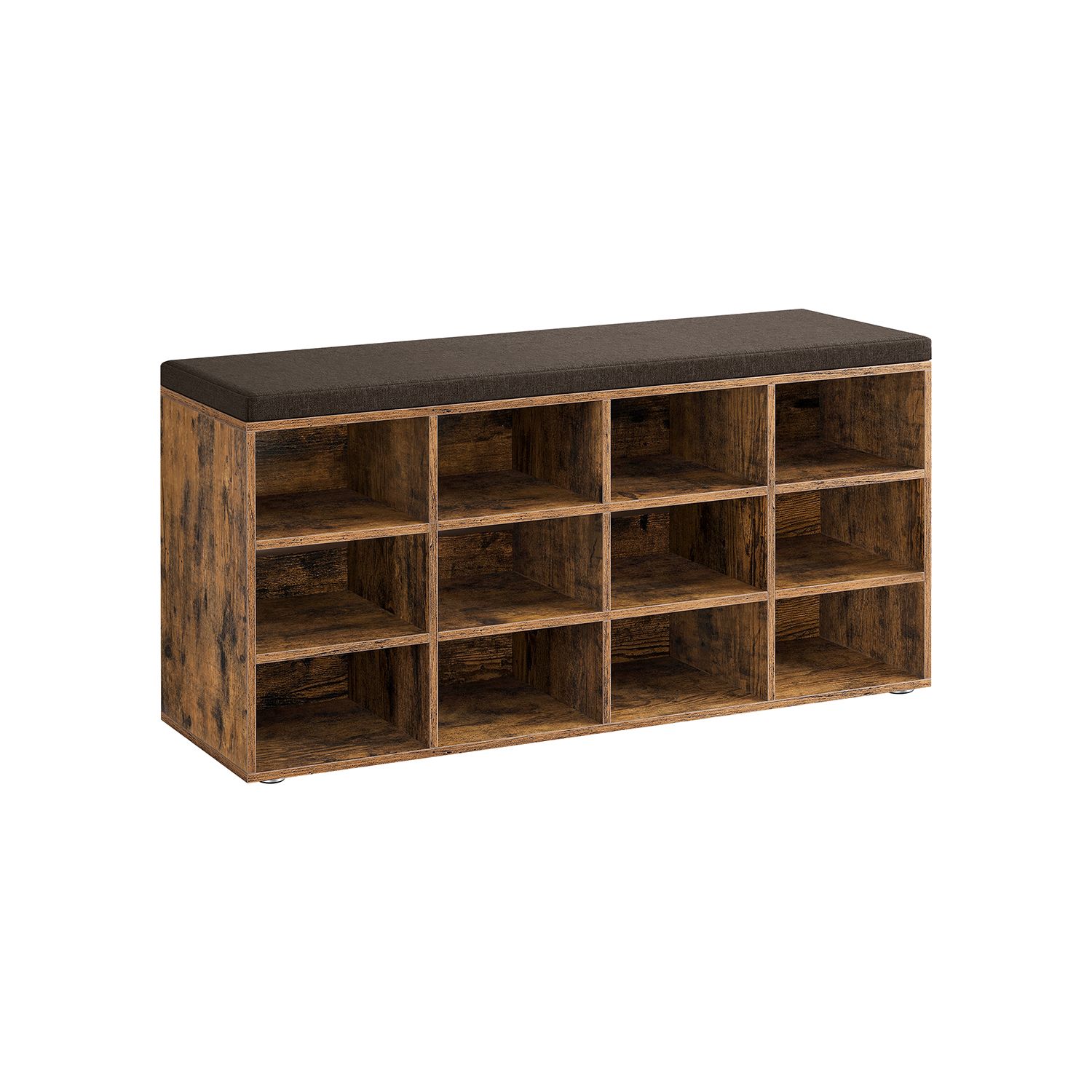 VASAGLE Skobænk, Opbevaringsbænk med Polstret Sæde, med Hynde, 12 Rum, Justerbare Hylder, til Stue, Entre, 30,3 x 104 x 48 cm, Rustik Brun LHS012B01