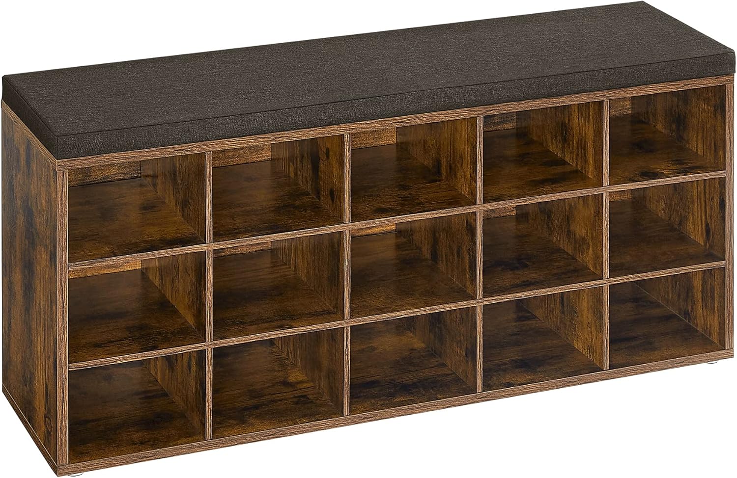 VASAGLE Skoreol, skobænk med sæde, skoskab med hynde, 15 åbne opbevaringsrum, 30 x 105 x 48 cm, til entré, soveværelse, stue, entré, rustik brun og brun LHS15BX