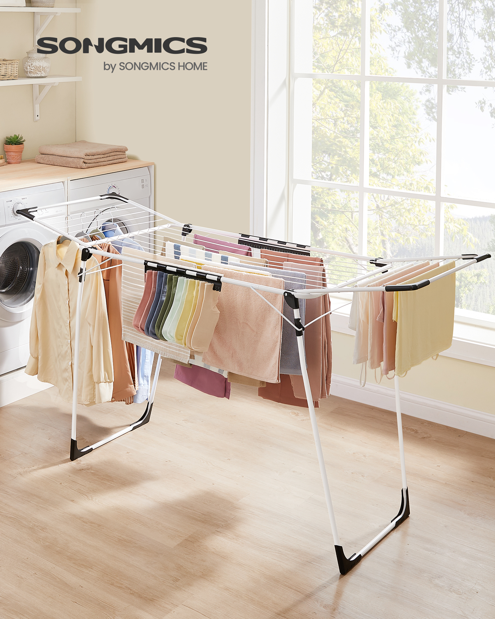 SONGMICS tørrestativ, 56,5 x 173 x 96,5 cm, tørrestativ, pladsbesparende, med sokkeklemmer, metalramme, til tøj, håndklæder, lagner, hvid LLR518W01