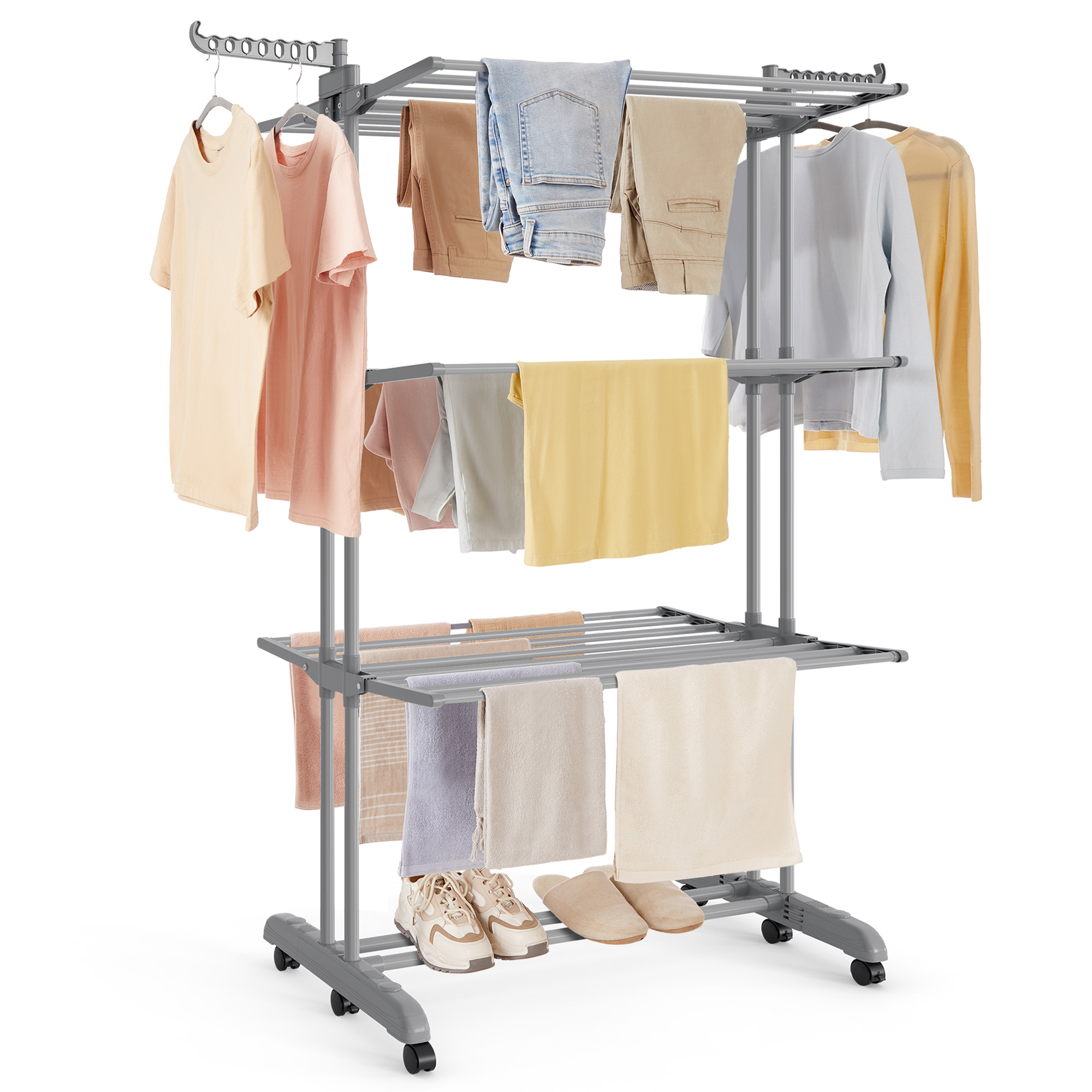SONGMICS Stor Tørrestativ, Sammenklappeligt Tørrestativ til Vasketøj, 4-lags, Flytbart Tørrestativ, 63,5 x 125,5 x 173 cm, Rustfrit Stål, Sammenklappelige Vinger, Indendørs Udendørs Brug, Duegrå LLR703G01