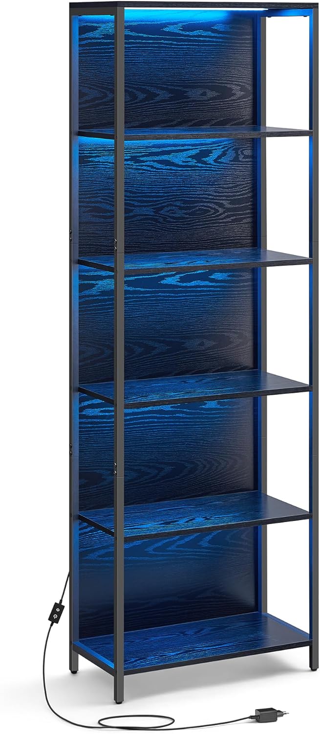VASAGLE Bokhylla med 6 våningar och justerbar LED-belysning, hyllplan med stålram, 30,3 x 60 x 178,6 cm, för vardagsrum, sovrum, arbetsrum ebenholtssvart LLS120B57
