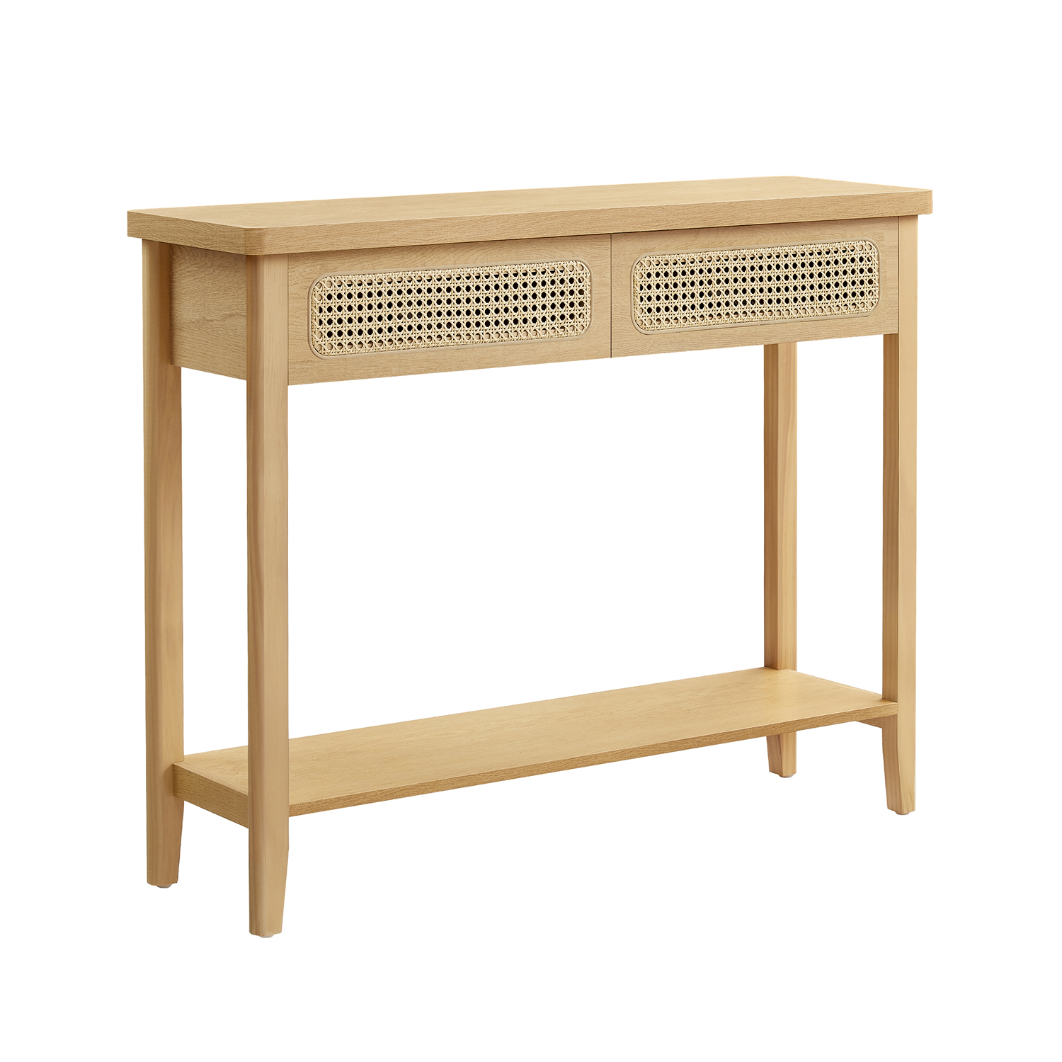 VASAGLE Konsolbord til entré, Slankt sofabord til stue, Entrebord med 2 skuffer, Åben hylde, Afrundede hjørner, Boho-stil, Eg Beige LNT016Y57
