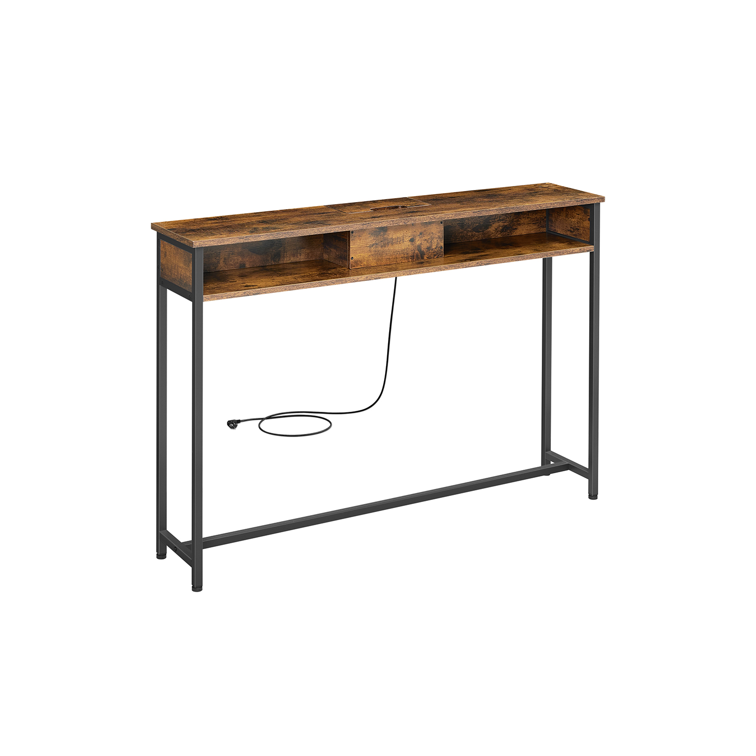 VASAGLE Slim konsolbord med grenuttag, soffbord med 2 fack, dold lastning, platsbesparande, 25 x 120 x 81 cm, för entré, vardagsrum, rustikt brunt och bläcksvart LNT111K01