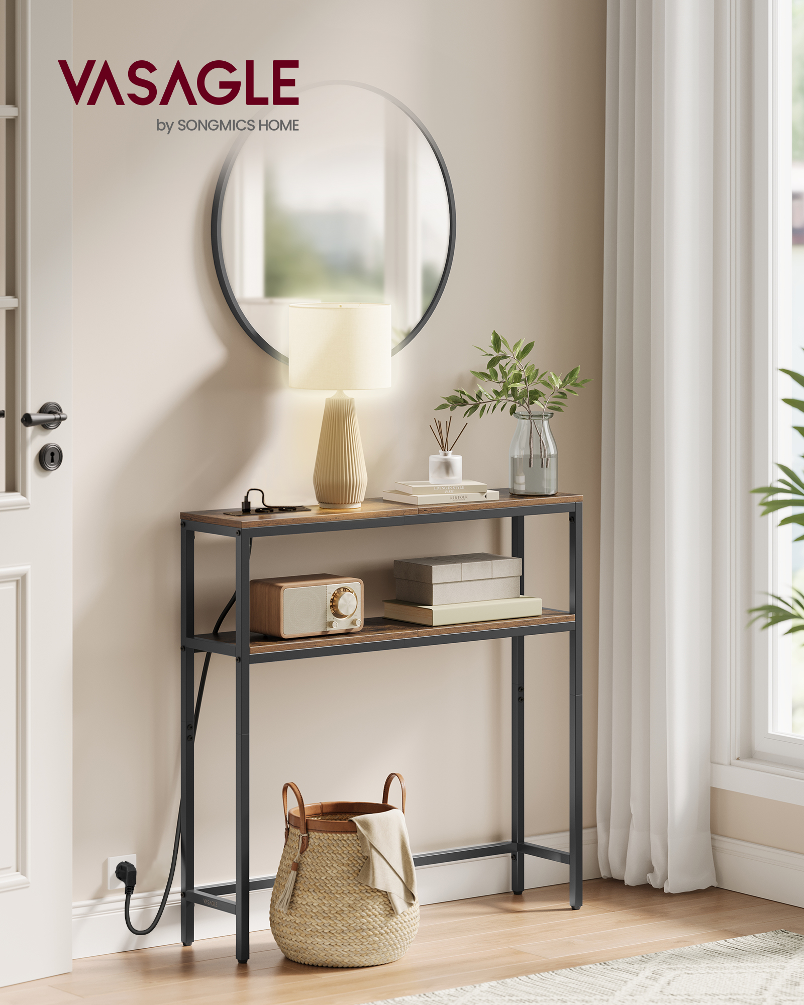 VASAGLE Konsolbord, Smalt Sofabord med 2 Hylder, 20 x 80 x 80 cm, Entrebord med Ladestation, til Stue, Entre, Vintage Brun/Blæksort LNT135KD01