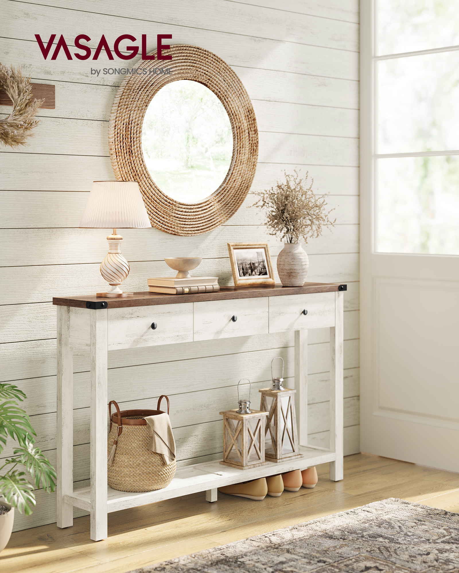 VASAGLE Konsolbord, Sidebord, Smalt Sofabord med 3 Skuffer og En Hylde, Til Entre, Stue, Landlig Stil, Honningbrun, Vintage Hvid, LNT142WJ01