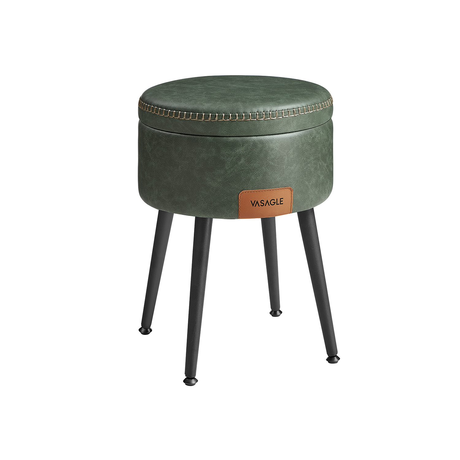 VASAGLE EKHO Kollektion - Opbevaringsskammel, Toiletbordsskammel, PU med syninger, Mid-Century Modern, Rund opbevaringsskammel med stålben, Kapacitet 150 kg, Skovgrøn LOM005C01 VASAGLE EKHO Kollektion - Opbevaringsskammel, Toiletbordsskammel, PU med syninger, Mid-Century Modern, Rund opbevaringsskammel med stålben, Kapacitet 150 kg, Skovgrøn LOM005C01