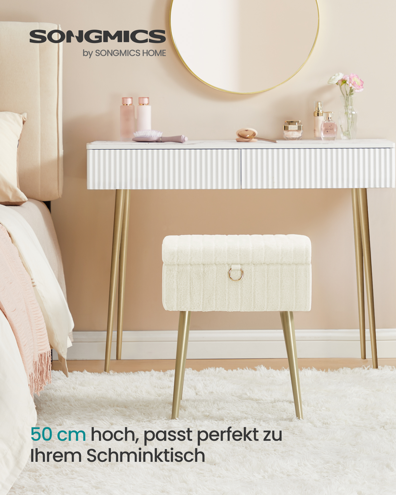 SONGMICS Toiletbord Stol Skammel med Opbevaring Vanity Skammel Fodskammel Metalben Polstrede Justerbare Fødder Stue Soveværelse Påklædningsværelse Cremehvid LOM505WZ02