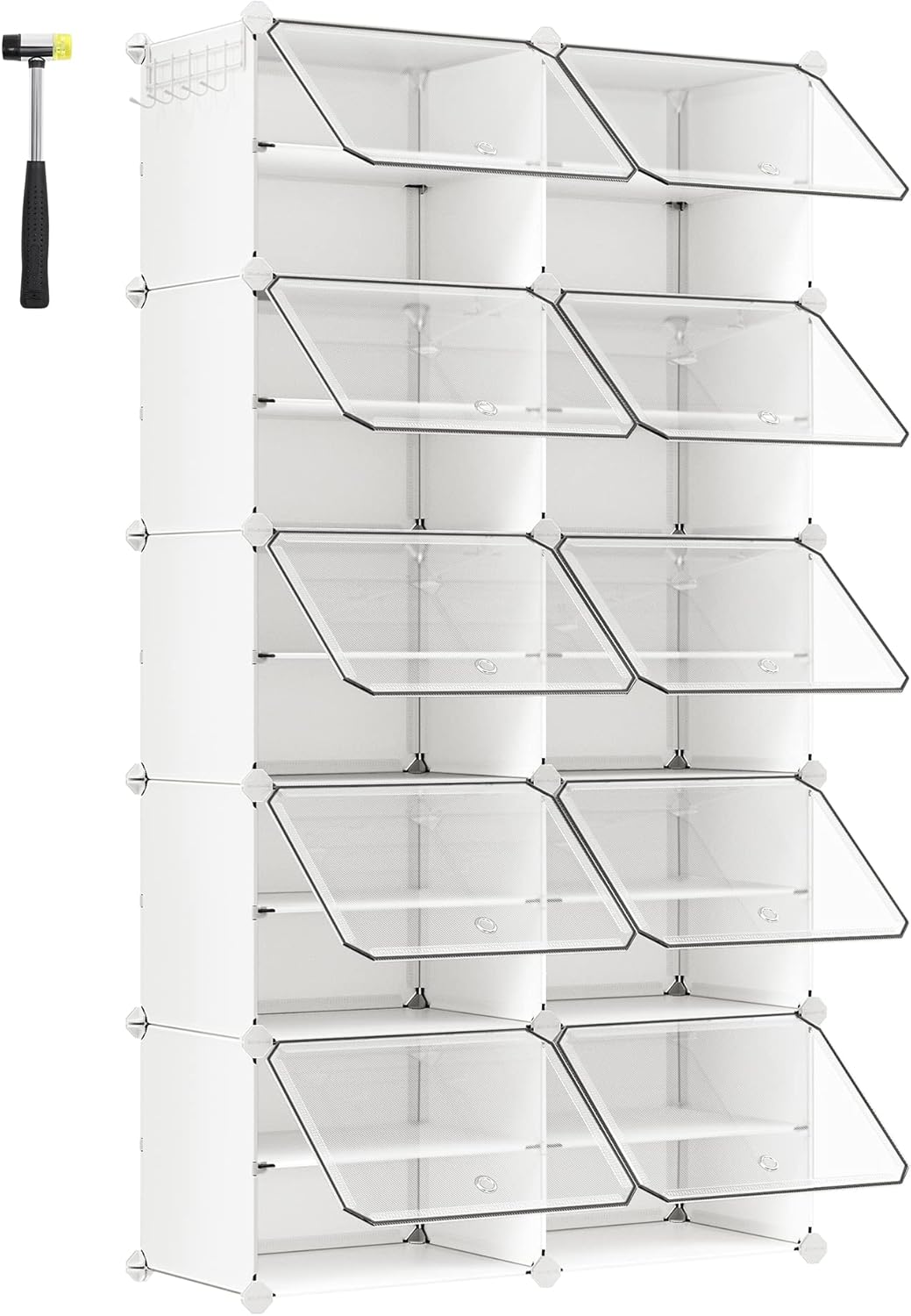 SONGMICS sammenlåsende skoreol, plastik skoskab, modulær opbevaringsenhed med 10 pladser, 30 x 40 x 30 cm til hver plads, med døre, stålramme, plastpaneler, hvid LPC035W01