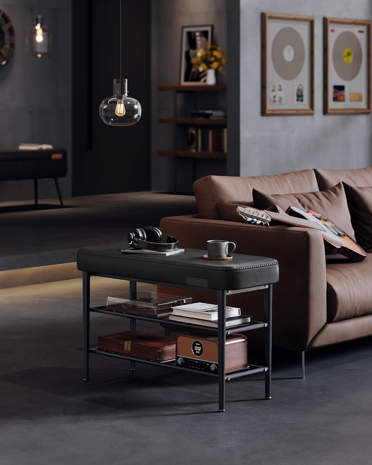 VASAGLE EKHO Kollektion LSB054B01 Skobænk, Sæde, Entréområde, Kunstlæder, Sømme, 60'er Stil, Moderne, Maksimal belastning 135 kg, 30 x 80 x 50 cm, Blæksort