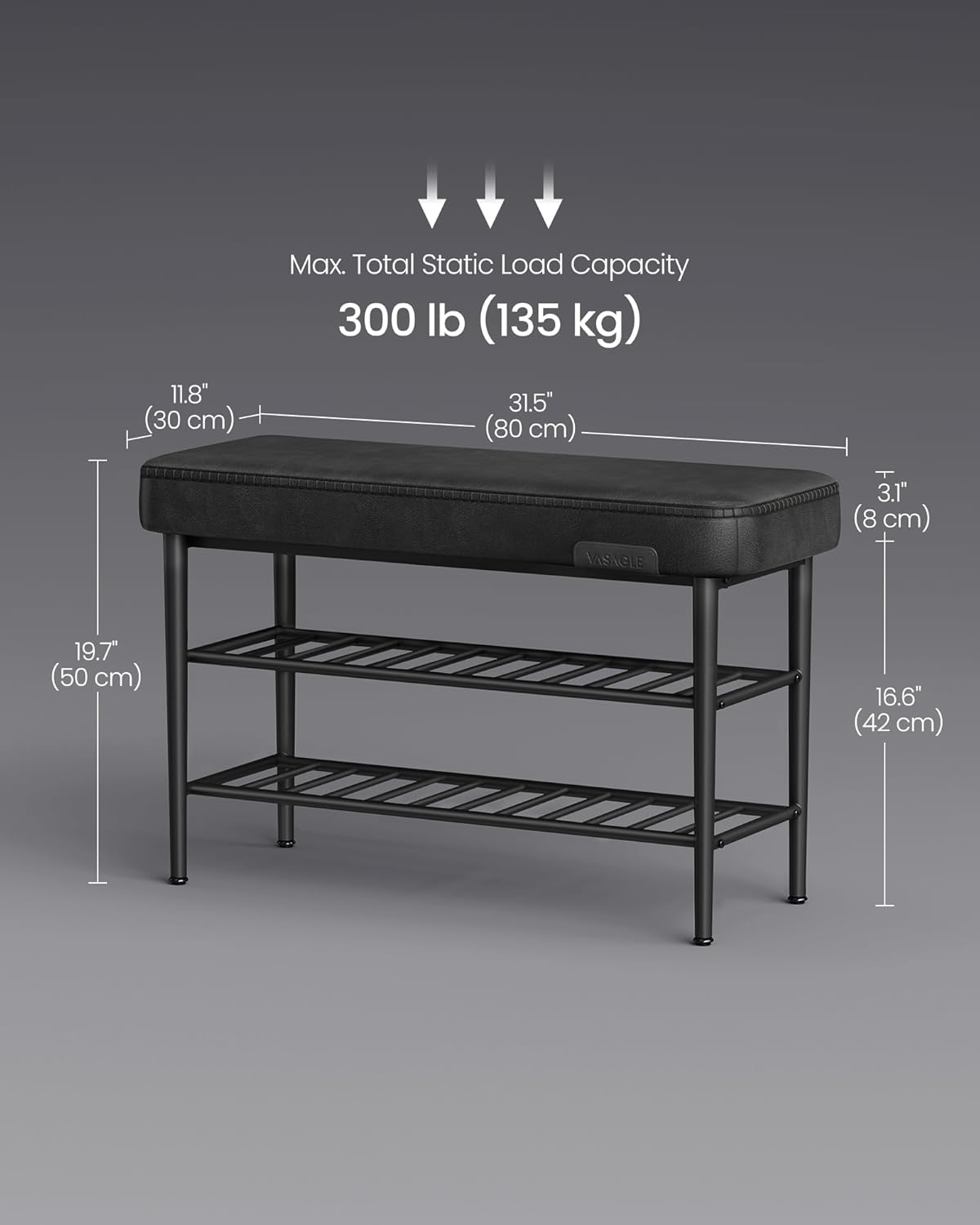 VASAGLE EKHO LSB054B01 bænk med skoreol, m. 2 hylder - blæksort kunstlæder og sort stål (80x30)