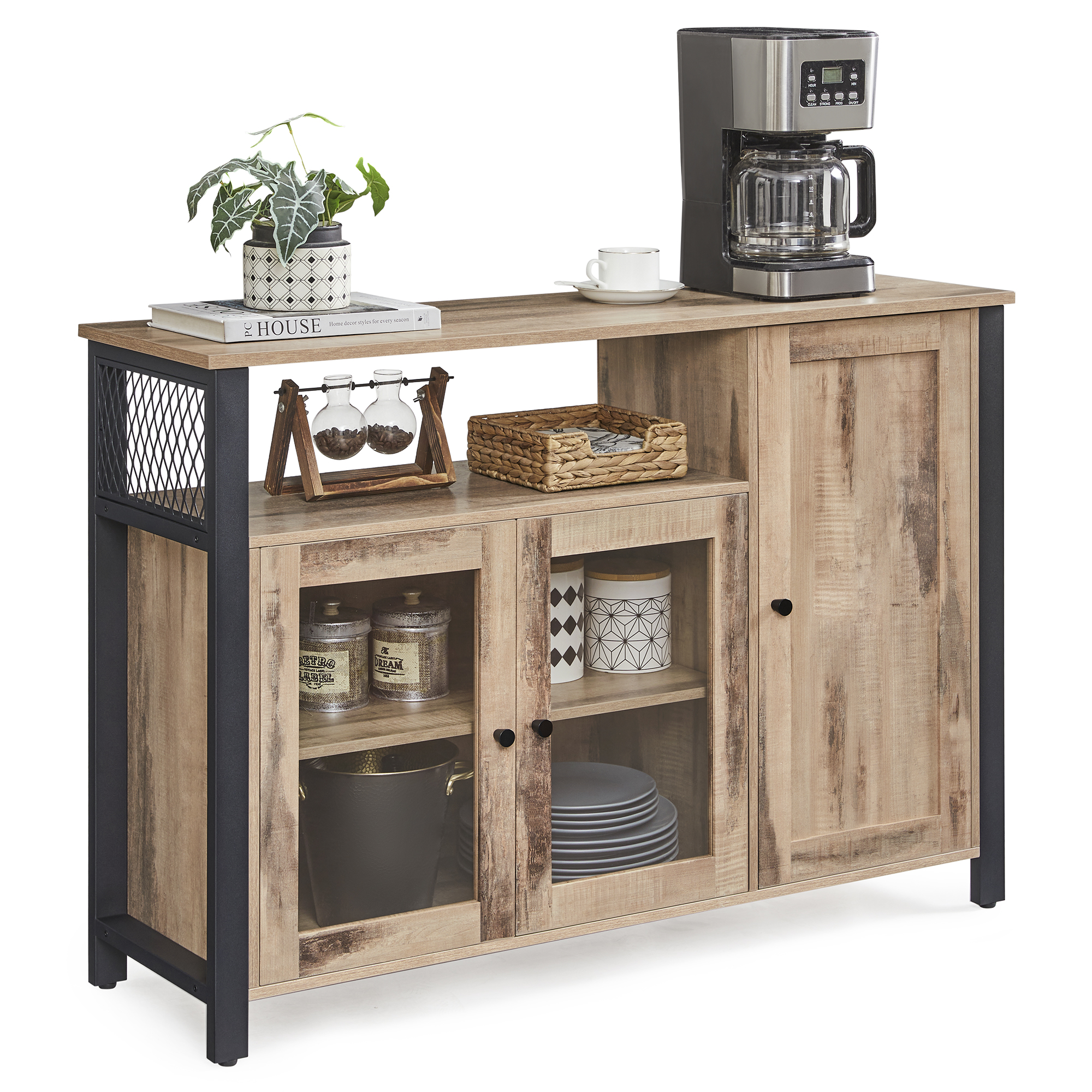 VASAGLE Opbevaringsskab, skænk, buffetbord med 3 døre, til spisestue, stue, køkken, 33 x 110 x 75 cm, industriel stil, kamelbrun og blæksort LSC096B50
