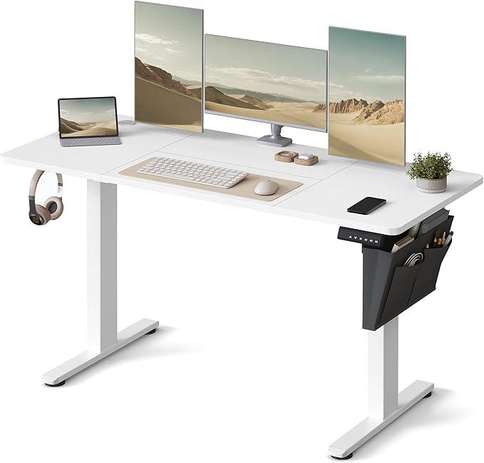 SONGMICS LSD134W01 Højdejusterbart elektrisk skrivebord, 60 x 140 x 72120 cm, hukommelsesfunktion med 4 højder, til hjemmekontor, arbejdsværelse, Cloud White