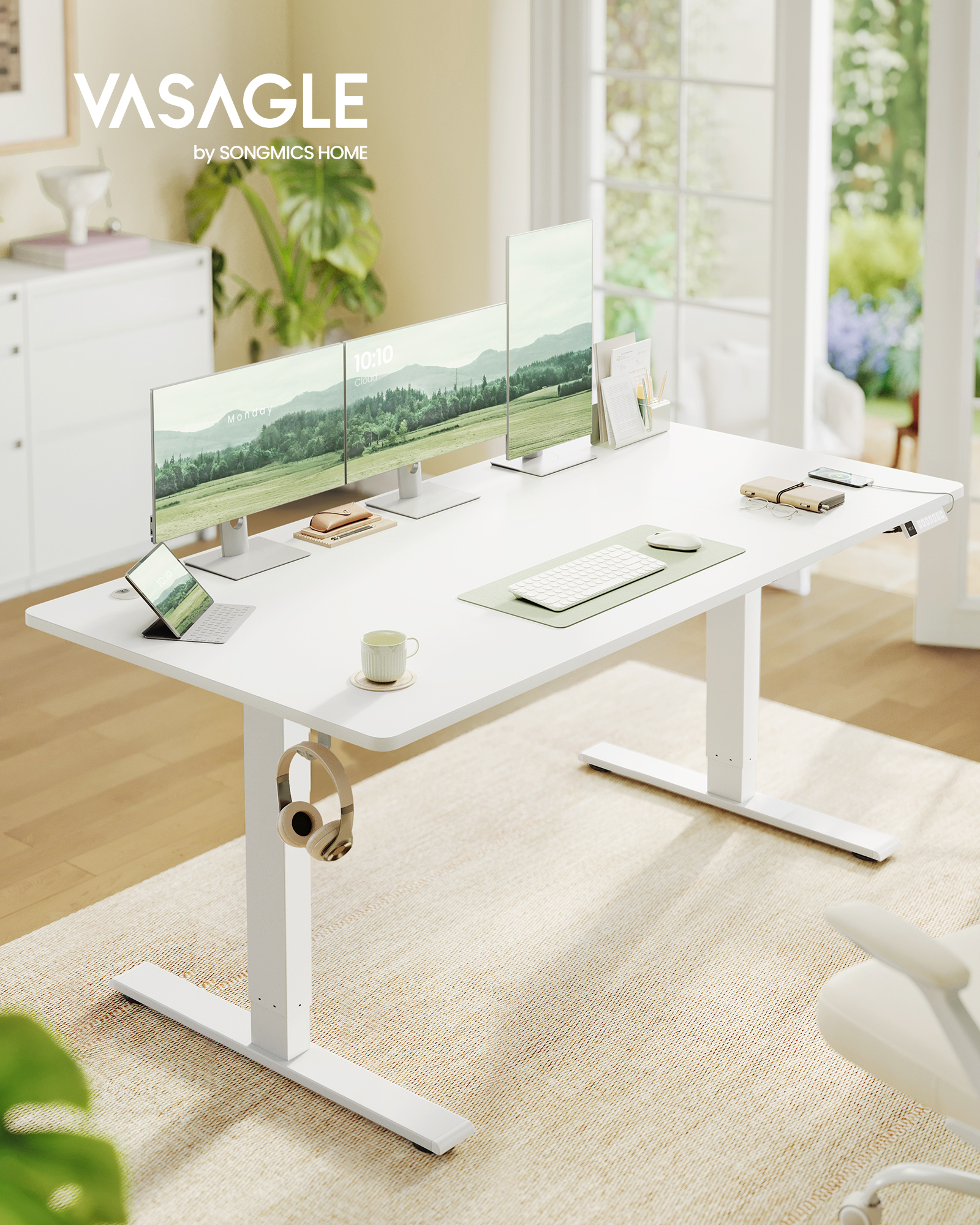 VASAGLE Højdejusterbart skrivebord, 160 x 80 cm, USB-C-port, strømskinnehylde, ståbord, påmindelse om lang siddeplads, 3 hukommelsesknapper, til kontoret, mat hvid LSD146WZ02