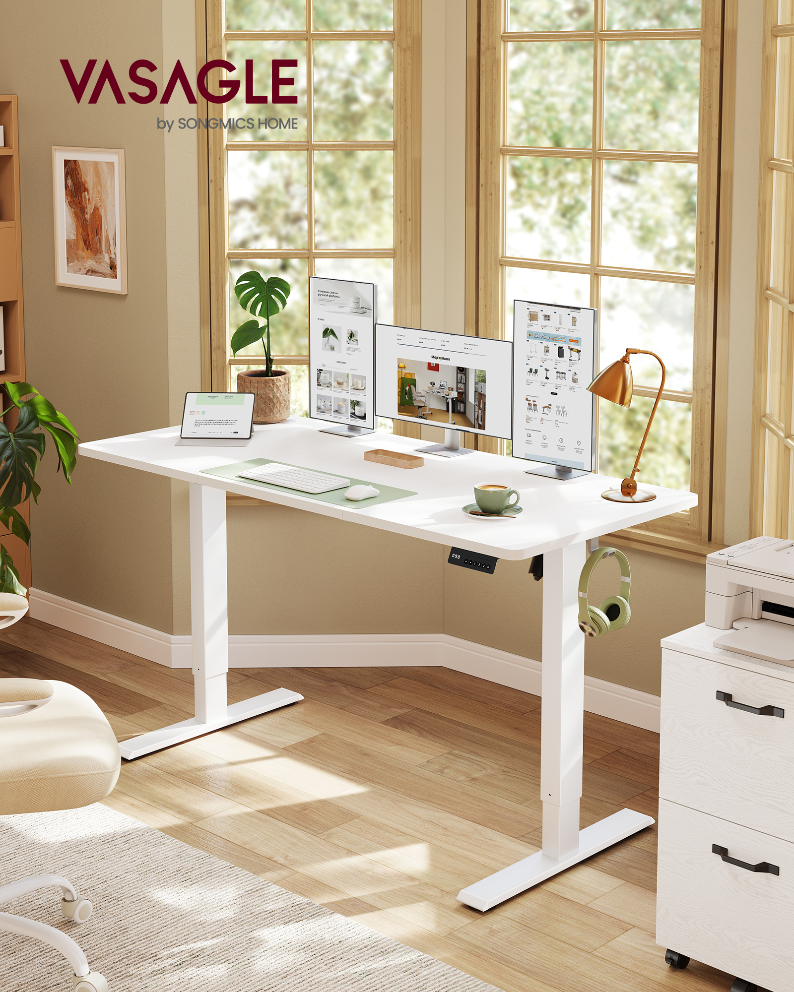 VASAGLE Elektrisk højdejusterbart skrivebord, computerbord, stillesiddende påmindelse, hukommelsesfunktion med 4 højdeindstillinger, til kontor, 140 x 60 cm, Cloud White LSD314WZ03