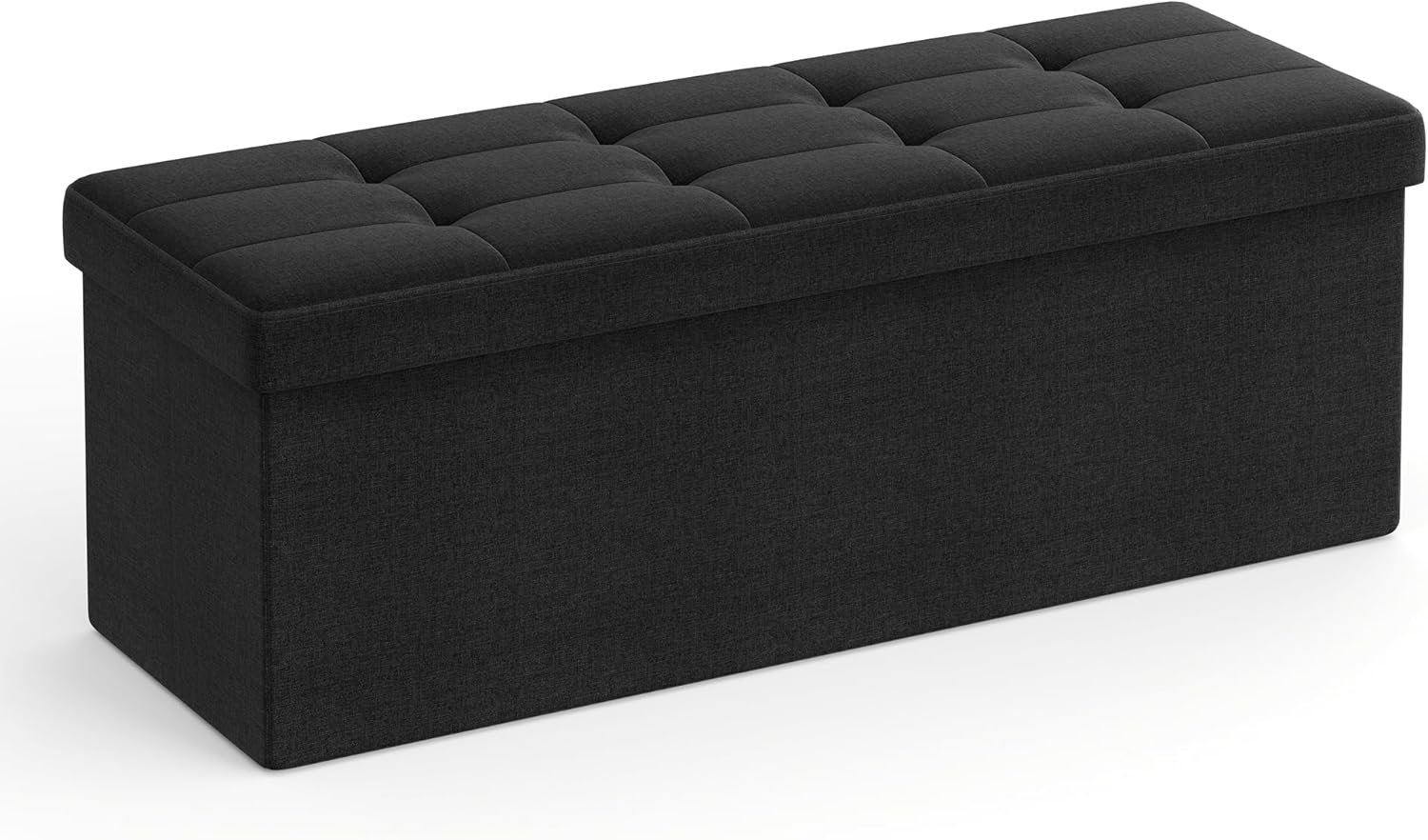 SONGMICS skammel med opbevaringsplads, LSF077B01, foldbar bænk, 38 x 110 x 38 cm fodskammel, opbevaringsboks, maksimal belastning 300 kg, til stue, soveværelse, entré, blæksort