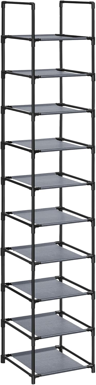 SONGMICS 10-etagers skohylde, skostativ, pladsbesparende skoopbevaring, 33 x 33 x 173 cm, metalramme, hylder af ikke-vævet stof, til entré, soveværelse, grå LSR110G01