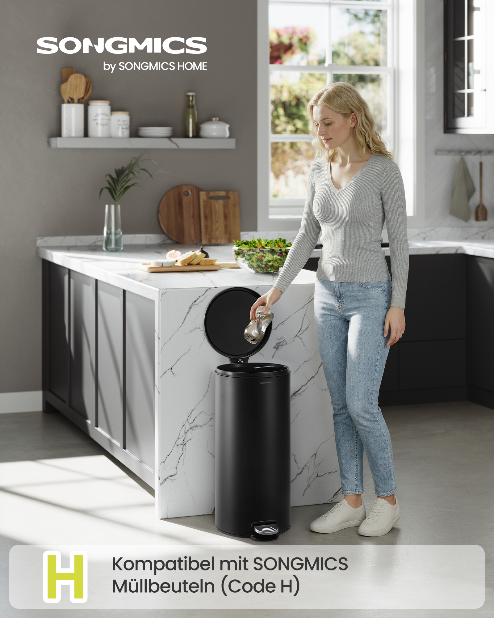 SONGMICS 30L Rund Skraldespand med 15 Affaldsposer, Metalpedal, Aftagelig Plastikspand, Håndtag, Soft-Close Låg, Stål, Blæksort LTB031BZ02