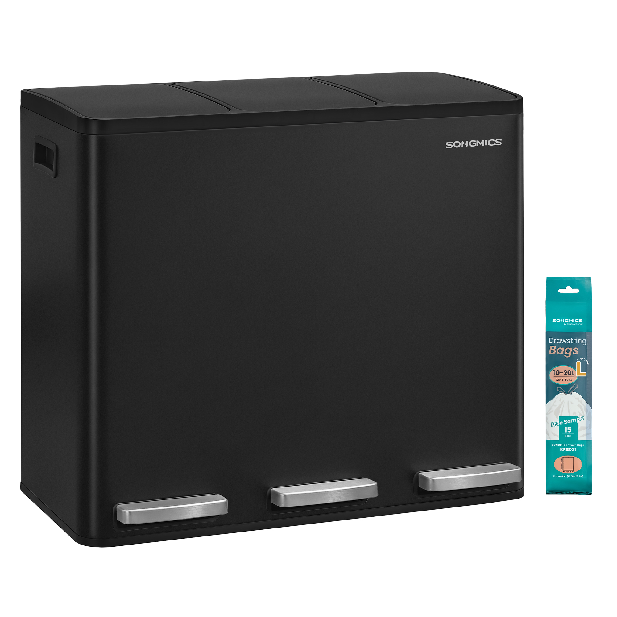 SONGMICS 3 x 4,8 gallon (3 x 18 l) køkkenspand, 2-rums genbrugsbeholder med 15 affaldsposer, aftagelige indvendige spande, låg, håndtag, blød lukning, stål, sort LTB254BZ02