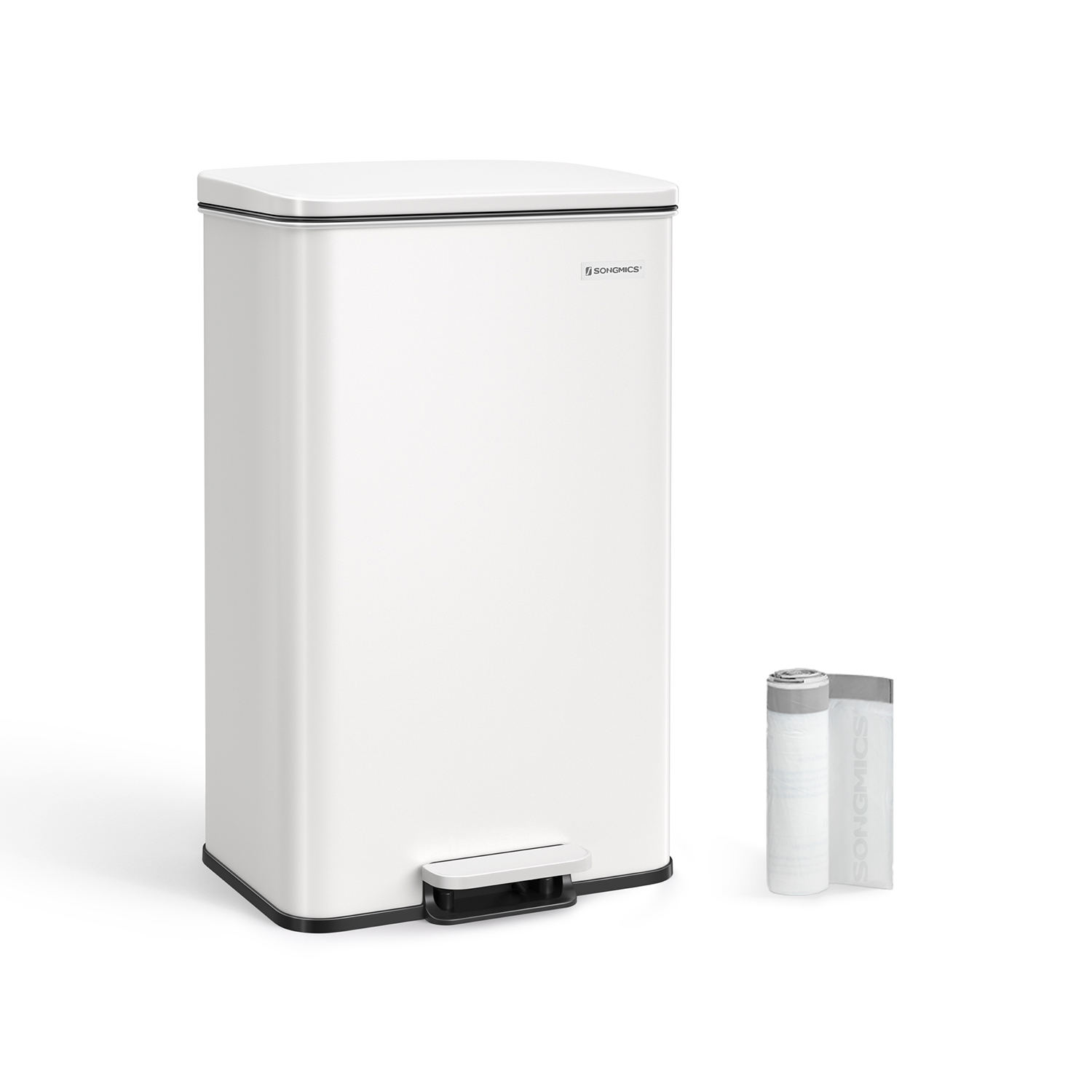 SONGMICS LTB540W4002 40 liters stålpedalspand med låg og 15 poser, hvid