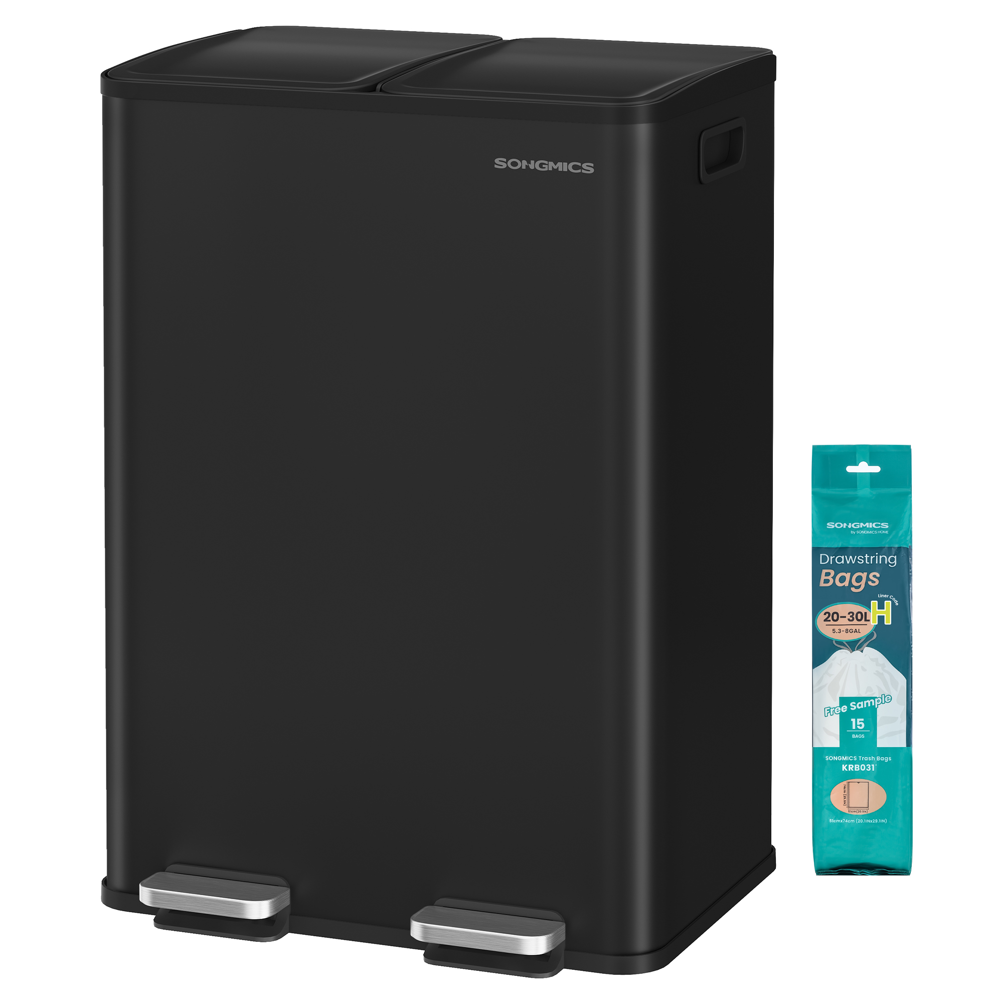 SONGMICS Køkkenspand, 2 x 8 gallon (2 x 30 l) dobbeltrums pedalspand med blødt lukkende låg og indvendige spande, stål, inklusive 15 foringsposer, blæksort LTB741B02