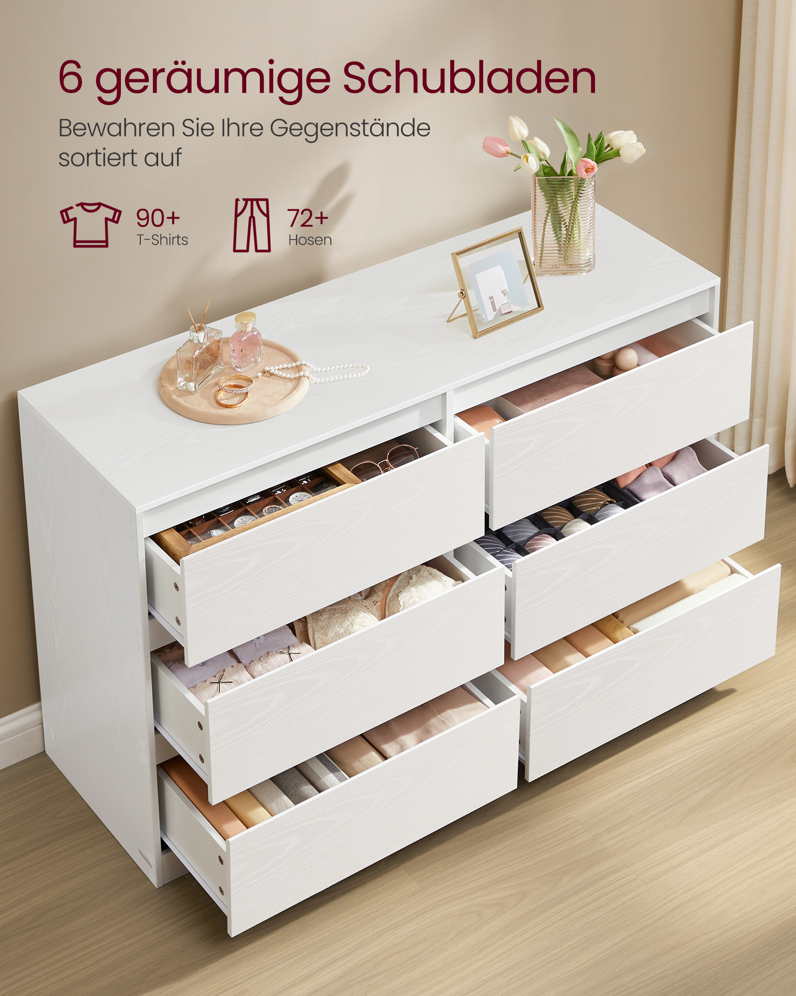 VASAGLE KAILYN Kollektion - Kommode til soveværelse, Opbevaringsenhed med 6 skuffer, 40 x 119,4 x 75 cm, Moderne stil, Snehvid LTS616W01