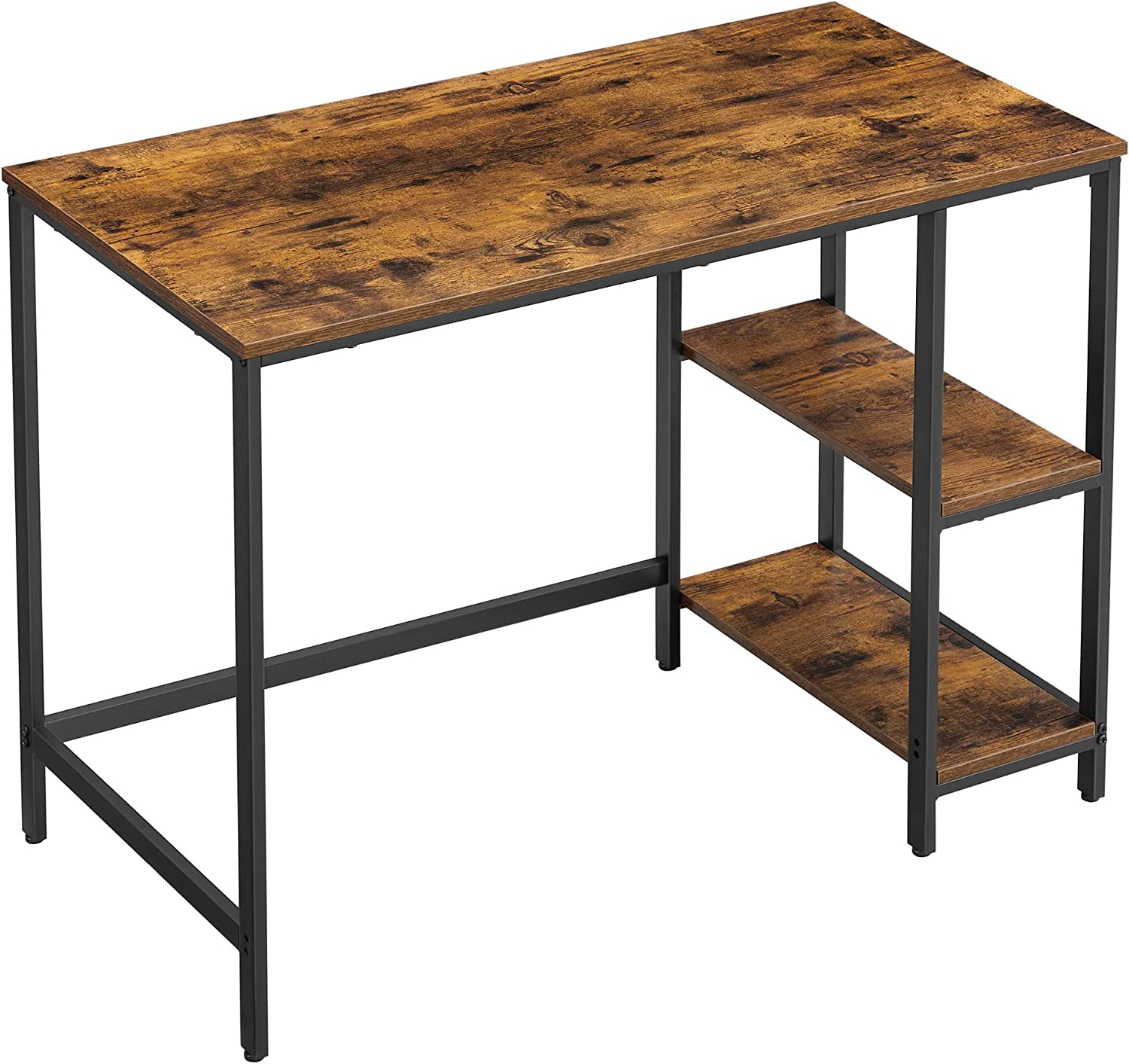 VASAGLE skrivebord, rektangulær, m. 2 hylder - rustik brun spånplade og sort stål (50x100)