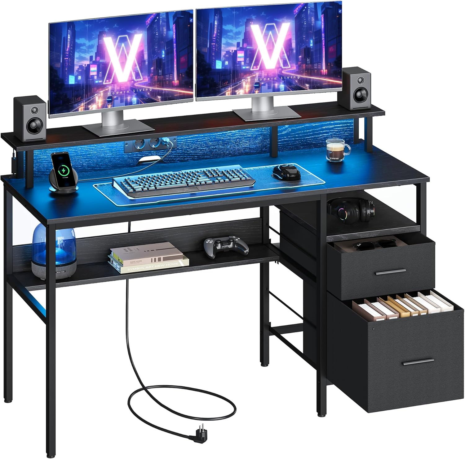 VASAGLE Skrivebord med stofskuffer, Computerbord med skærmstativ, LED-belysning, 55 x 135 x 90 cm, Indbyggede stikkontakter, 2 USB-A-porte, til hjemmekontor, Ebony Black LWD094B56