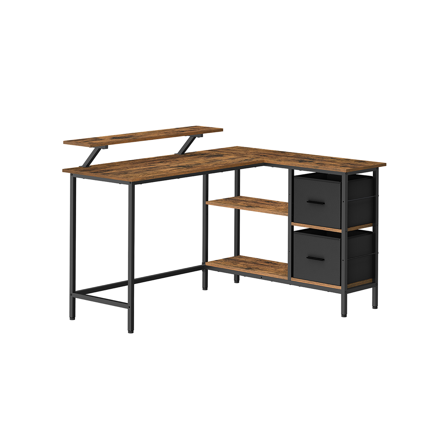VASAGLE L-formet skrivebord med 2 rummelige skuffer, gamingbord med skærmstativ, hjørnebord, computerbord med justerbar opbevaringshylde, til hjemmekontor, rustik brun LWD098B01