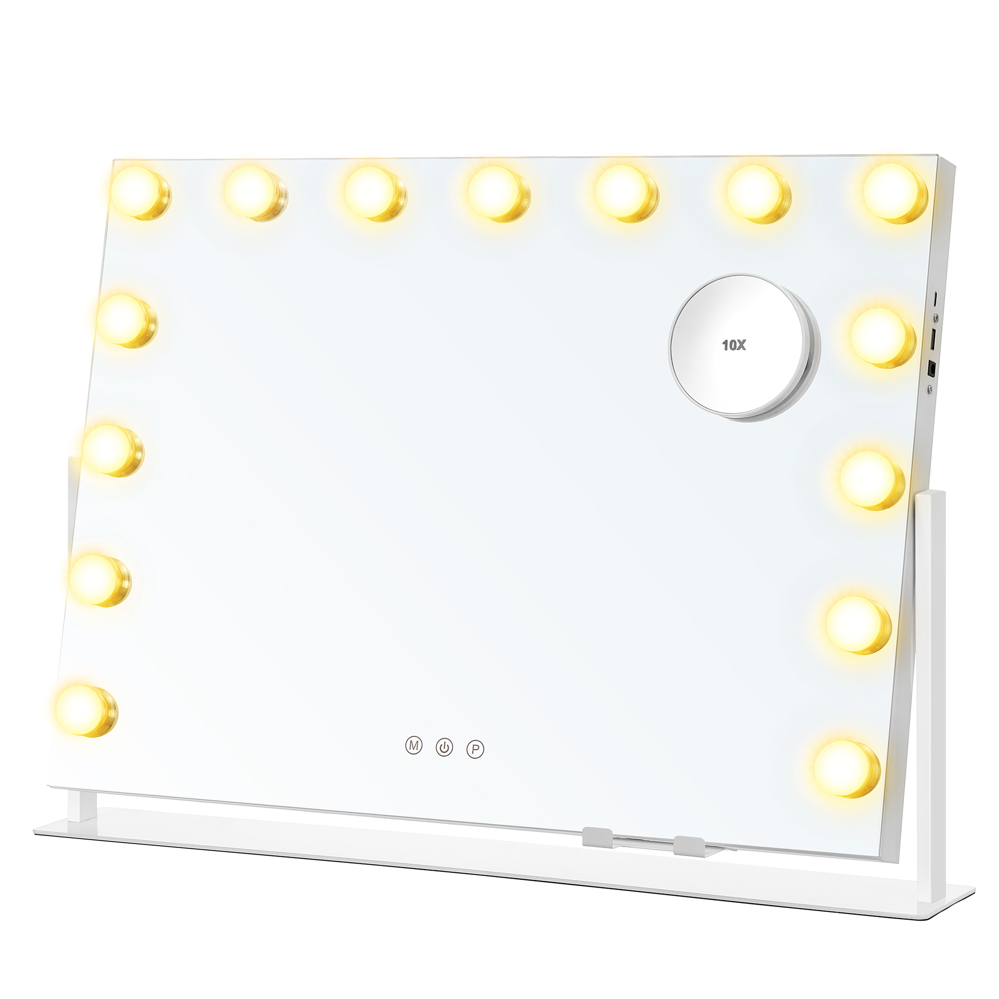SONGMICS Makeupspejl med belysning, 58 x 43 cm, Kosmetikspejl med 15 LED-pærer, med opladningsporte, Touch Control, 3 lysfarver, Dæmpbar, Mobiltelefonholder, Mat hvid LWM001W02 [Energiklasse F]