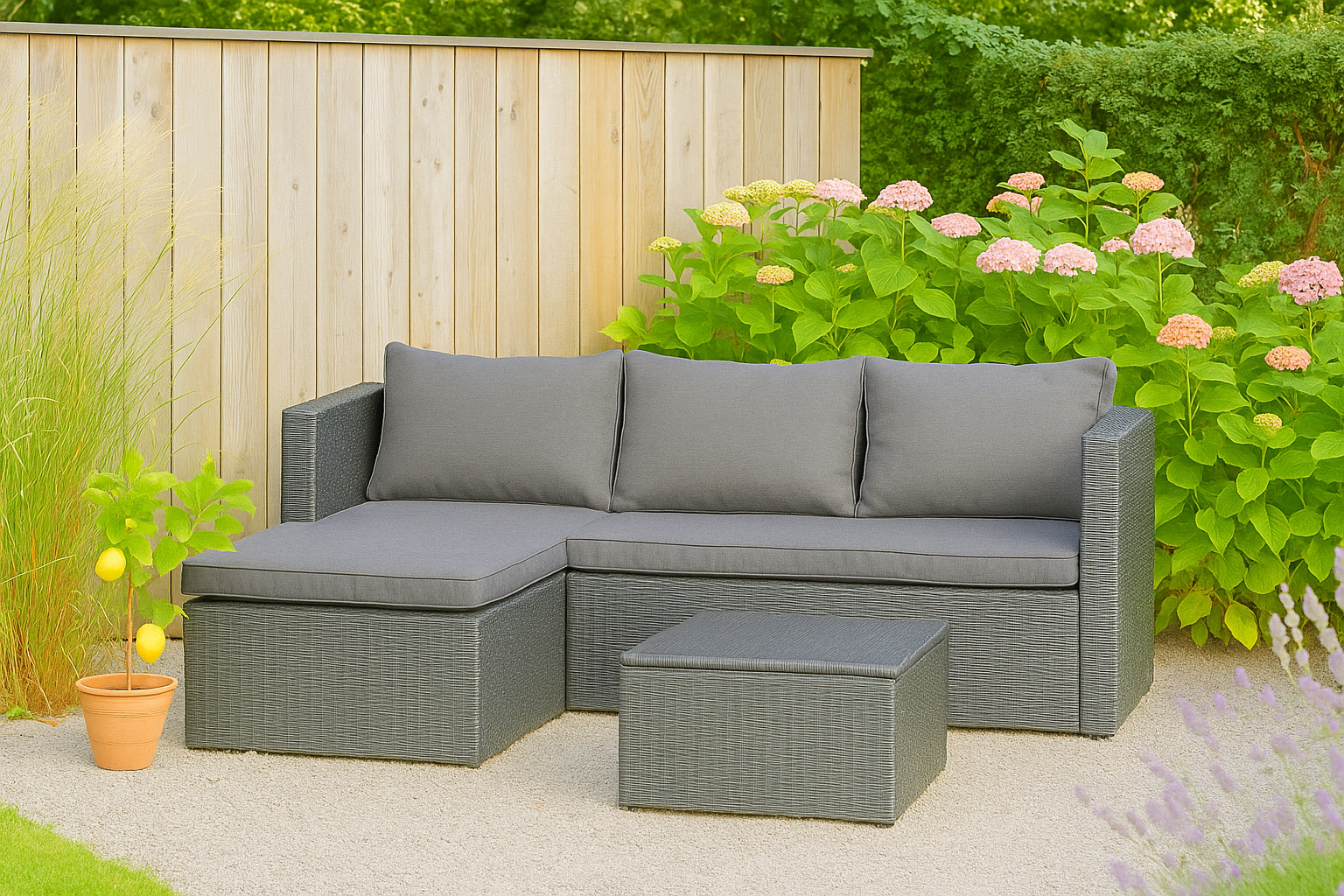 HOUSE NORDIC Lumio udendørs loungesæt, m. 1 sofa, 1 sofabord og hynder - sort PE-flet og stål