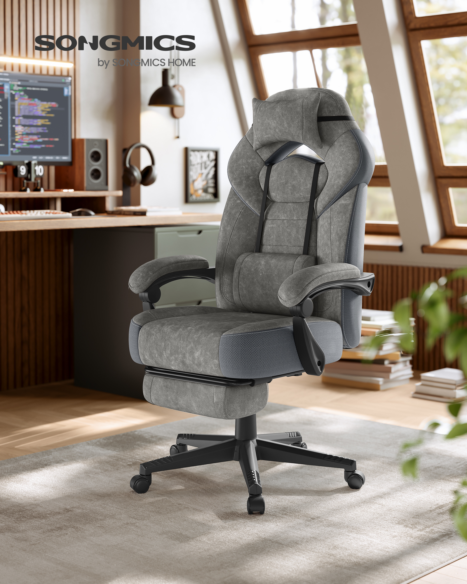 SONGMICS Gamingstol, Kontorcomputerstol, Ergonomisk Design, Med Fodstøtte, Justerbar Nakkestøtte, Lændestøtte, 150 kg Belastningskapacitet, Skifergrå OBG077G01 SONGMICS Gamingstol, Kontorcomputerstol, Ergonomisk Design, Med Fodstøtte, Justerbar Nakkestøtte, Lændestøtte, 150 kg Belastningskapacitet, Skifergrå OBG077G01