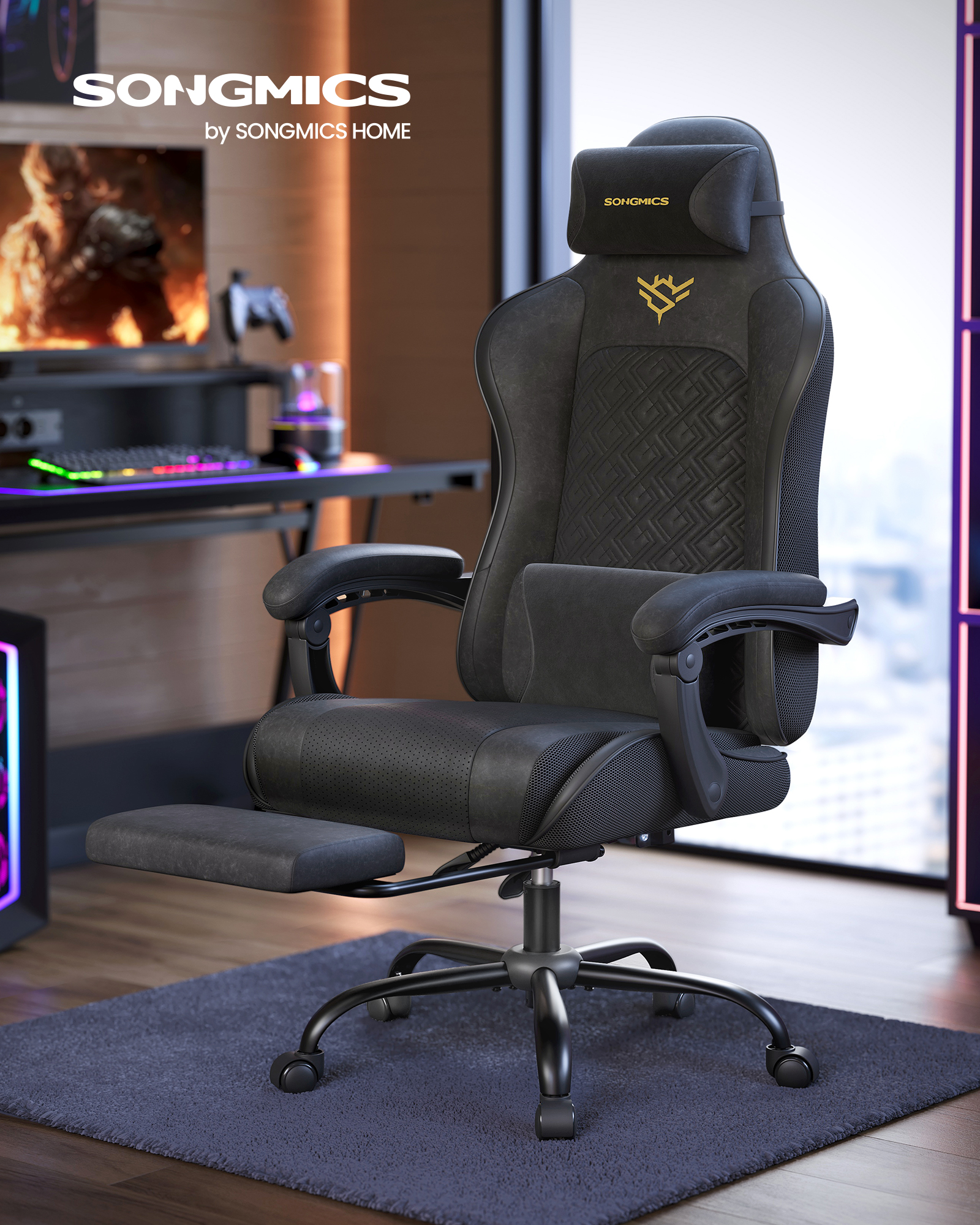 SONGMICS Gamingstol, Kontorstol, Skrivebordsstol, Ergonomisk Gamingstol, Sædehynde med fjedre, Fodstøtte, Armlæn med synkron mekanisme, Blæksort OBG079B01